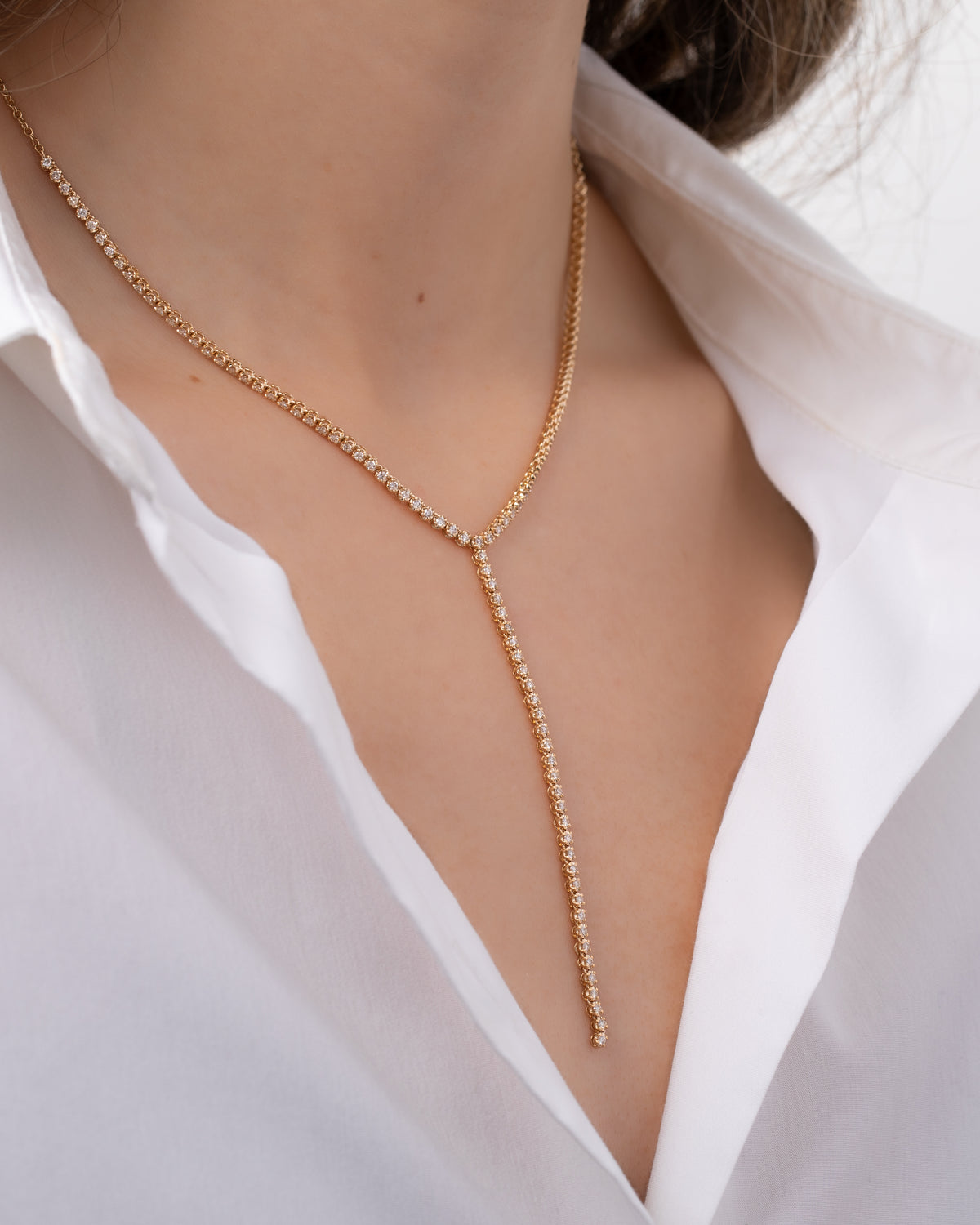 Half Diamond Tennis Lariat Necklace