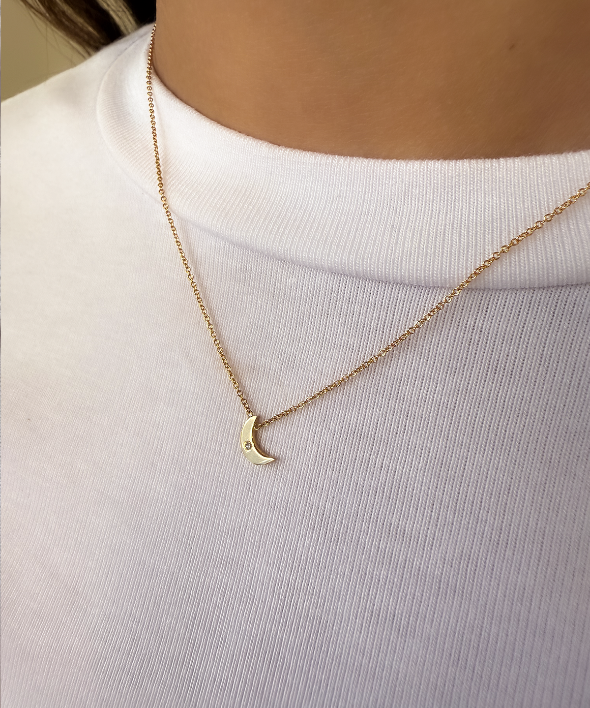Kids 14k Gold Moon with Tiny Diamond Necklace Kids Zoe Lev Jewelry