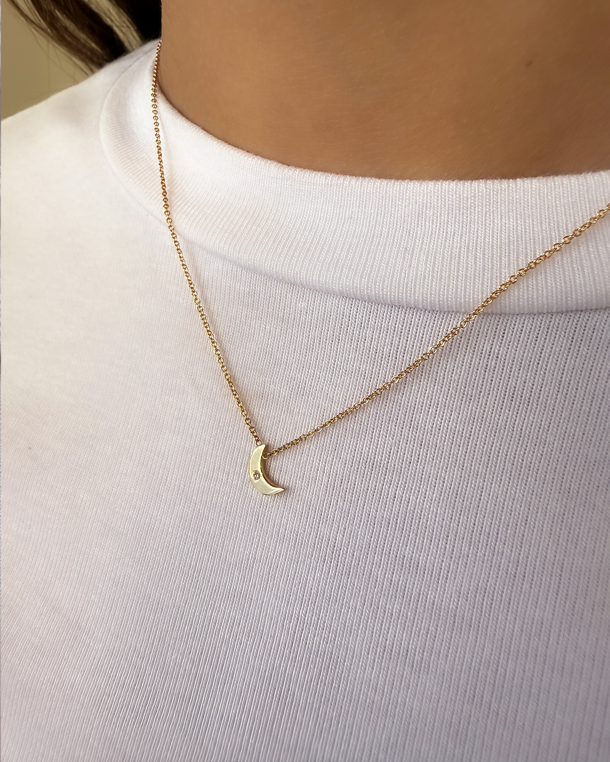 Kids 14k Gold Moon with Tiny Diamond Necklace Kids Zoe Lev Jewelry