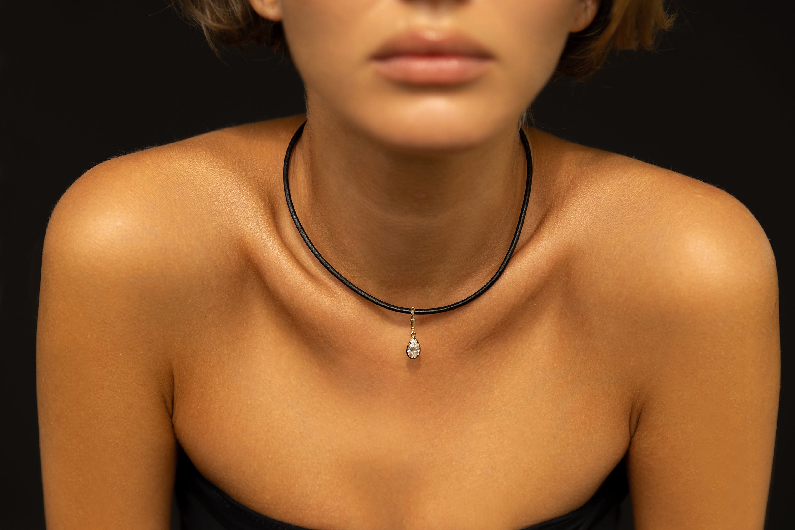 14K Leather Necklace With Black Rhodium Lab Diamond