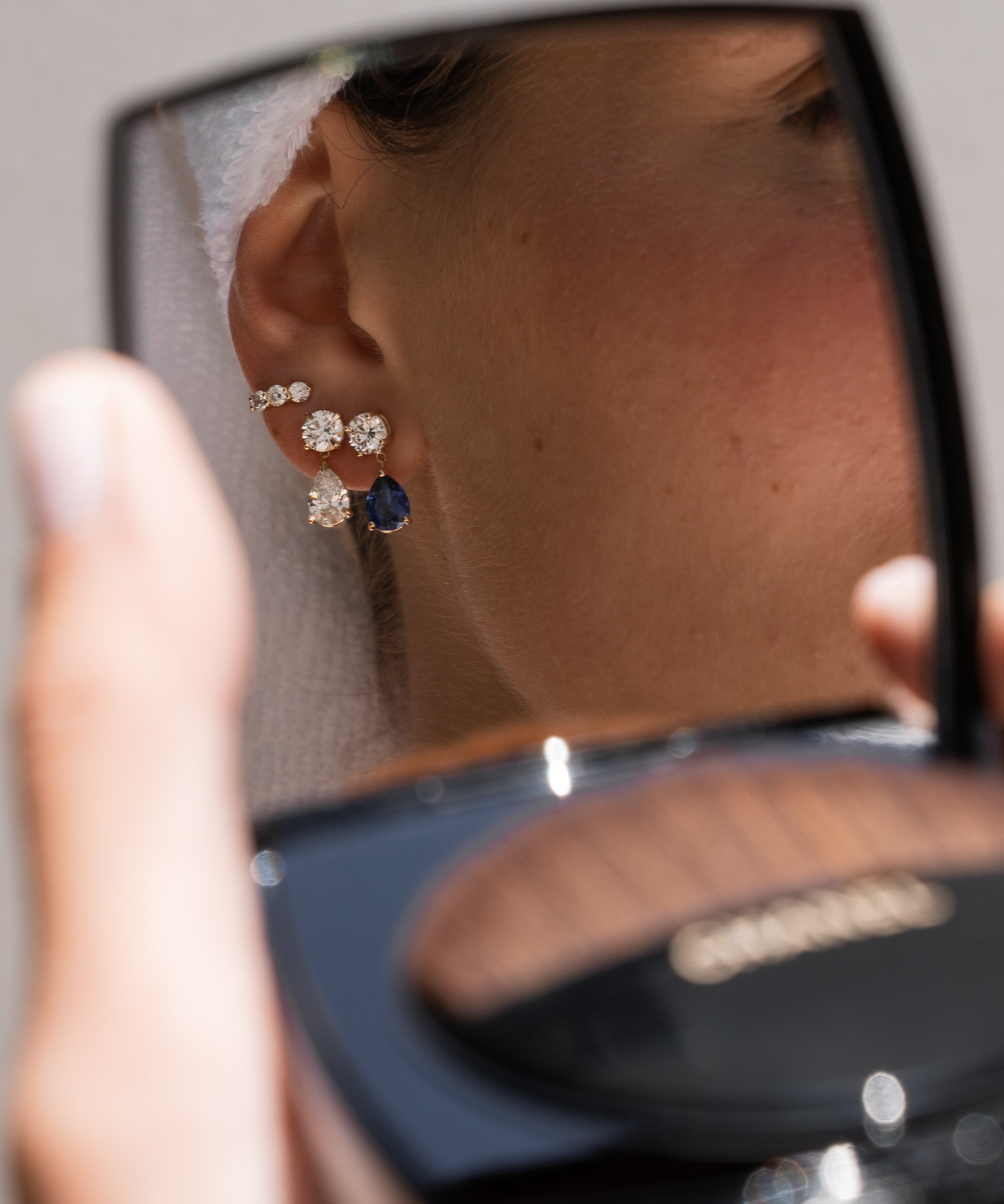 Lab Diamond and Blue Sapphire Pear Drop Stud Studs Zoe Lev Jewelry