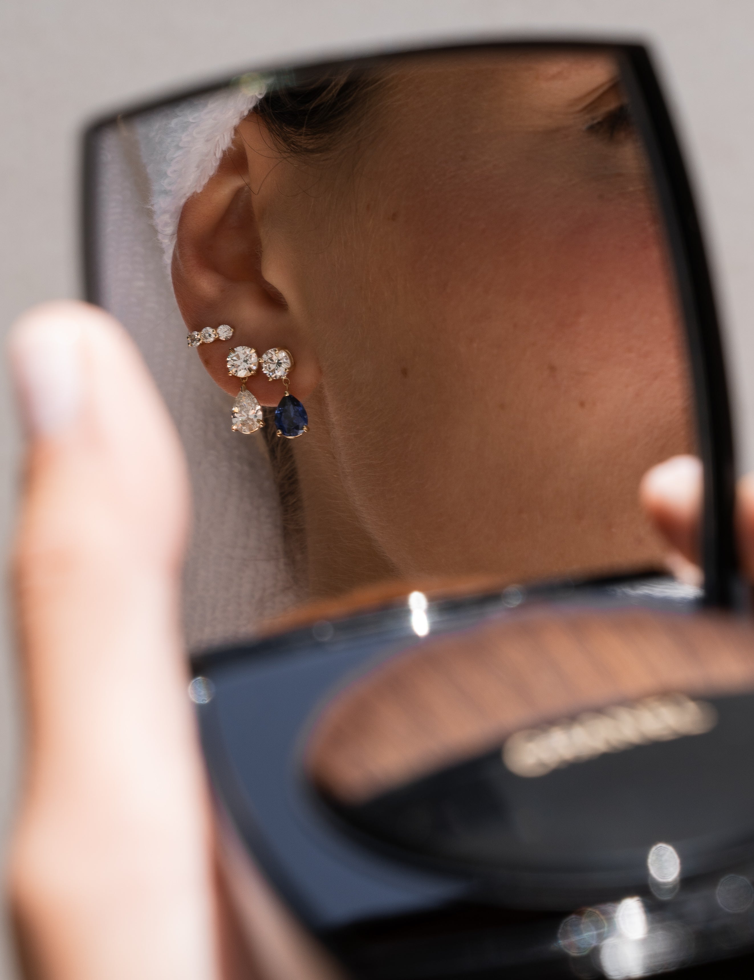 Lab Diamond and Blue Sapphire Pear Drop Stud Studs Zoe Lev Jewelry