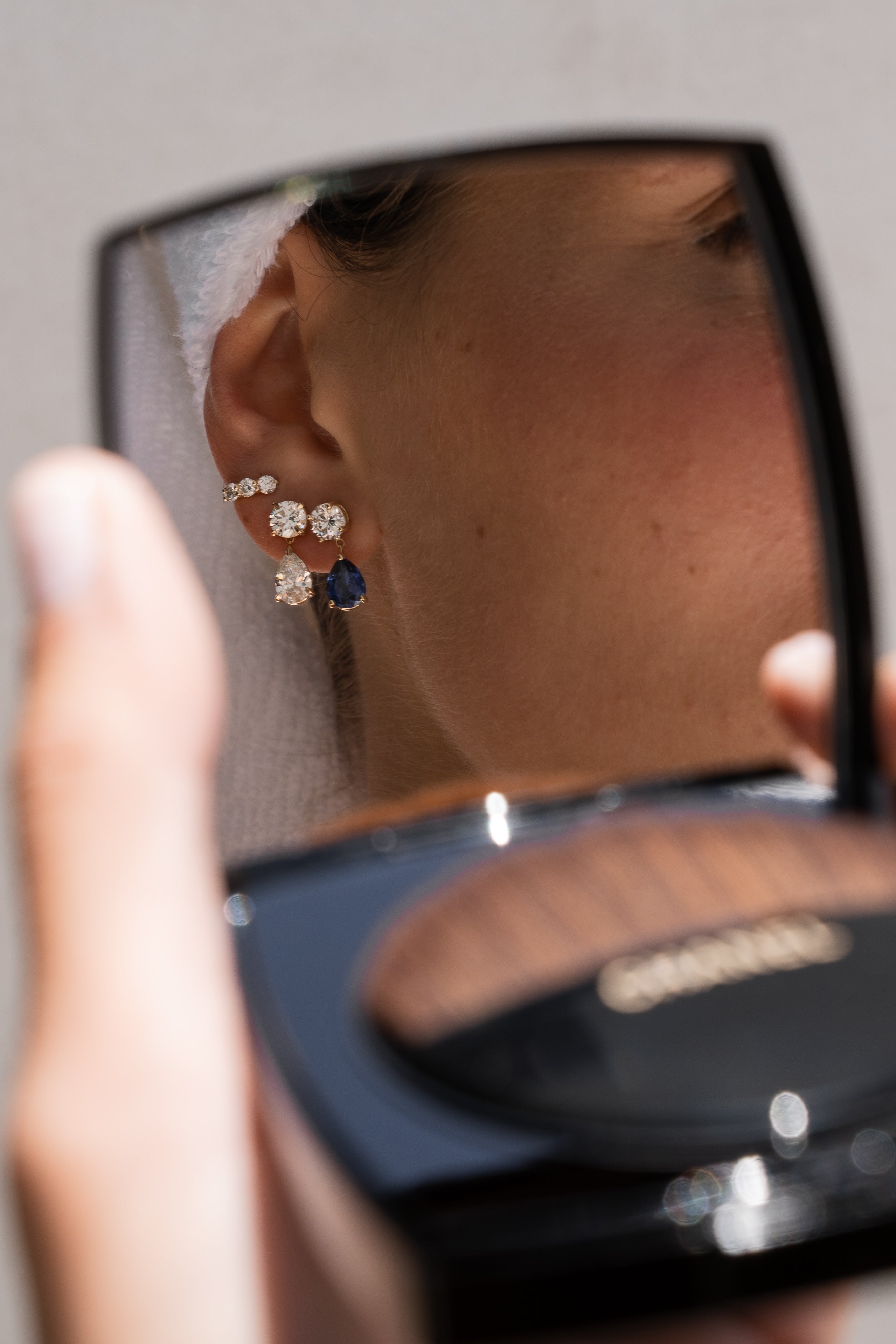 Lab Diamond and Blue Sapphire Pear Drop Stud Studs Zoe Lev Jewelry