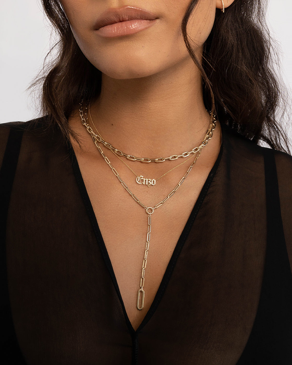14k Gold Large Paper Clip Lariat Necklace Chains Zoe Lev Jewelry