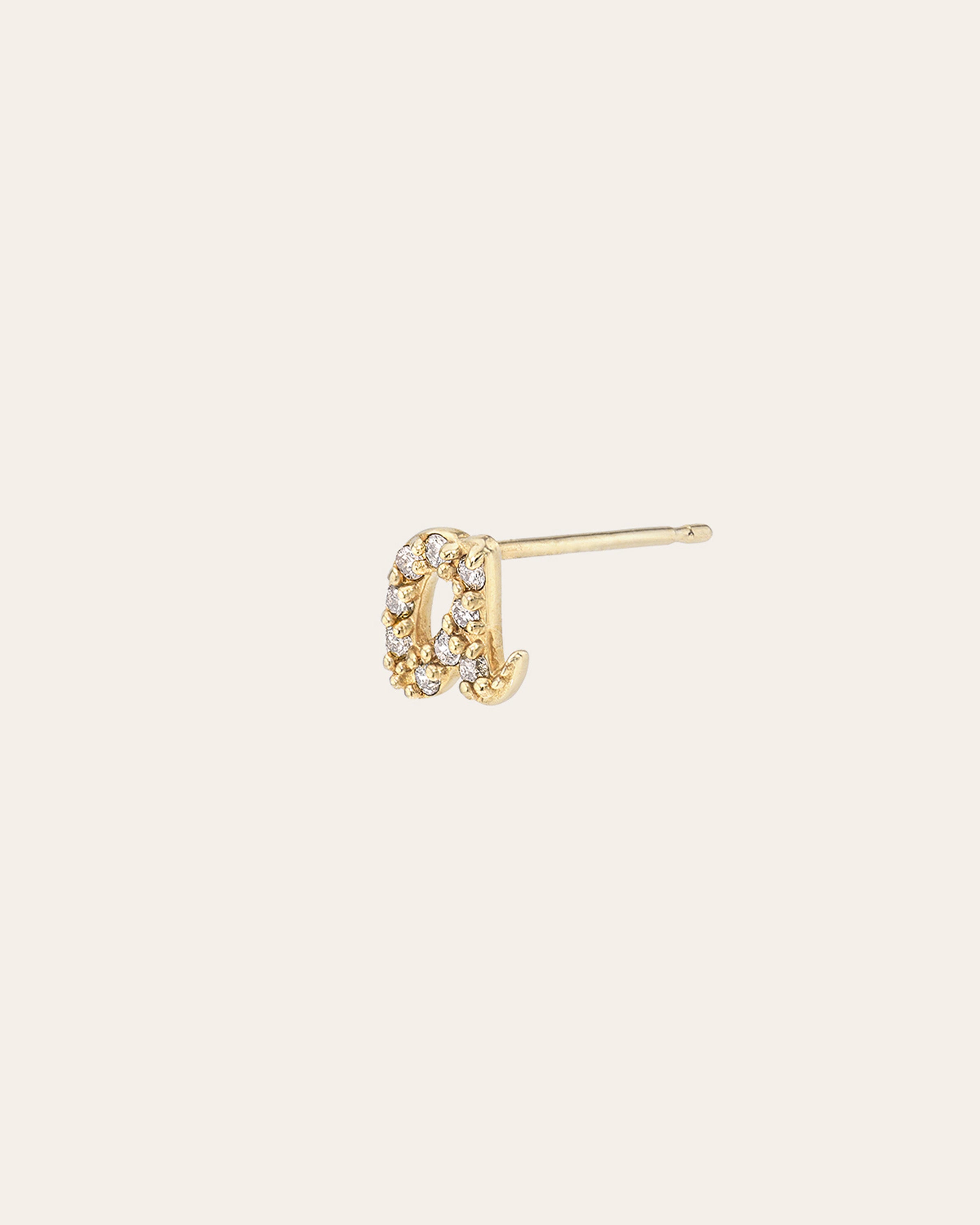 Mini Diamond Script Initial Stud Earrings Personalized Zoe Lev Jewelry 14K Yellow Gold Single