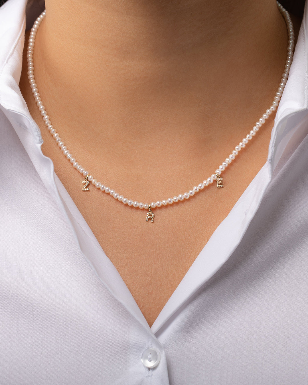 Pearl Beaded with Diamond Initials Necklace