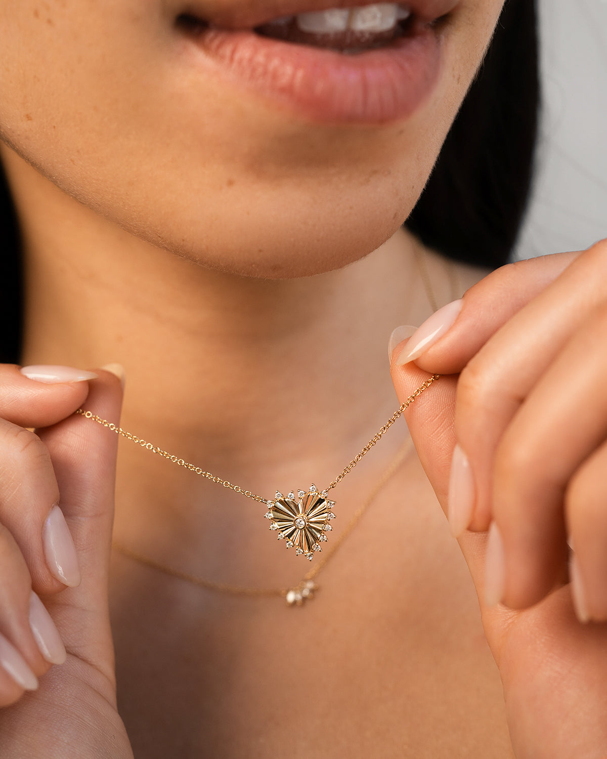 Diamond Framed Small Pleated Heart Necklace Zoe Lev Jewelry