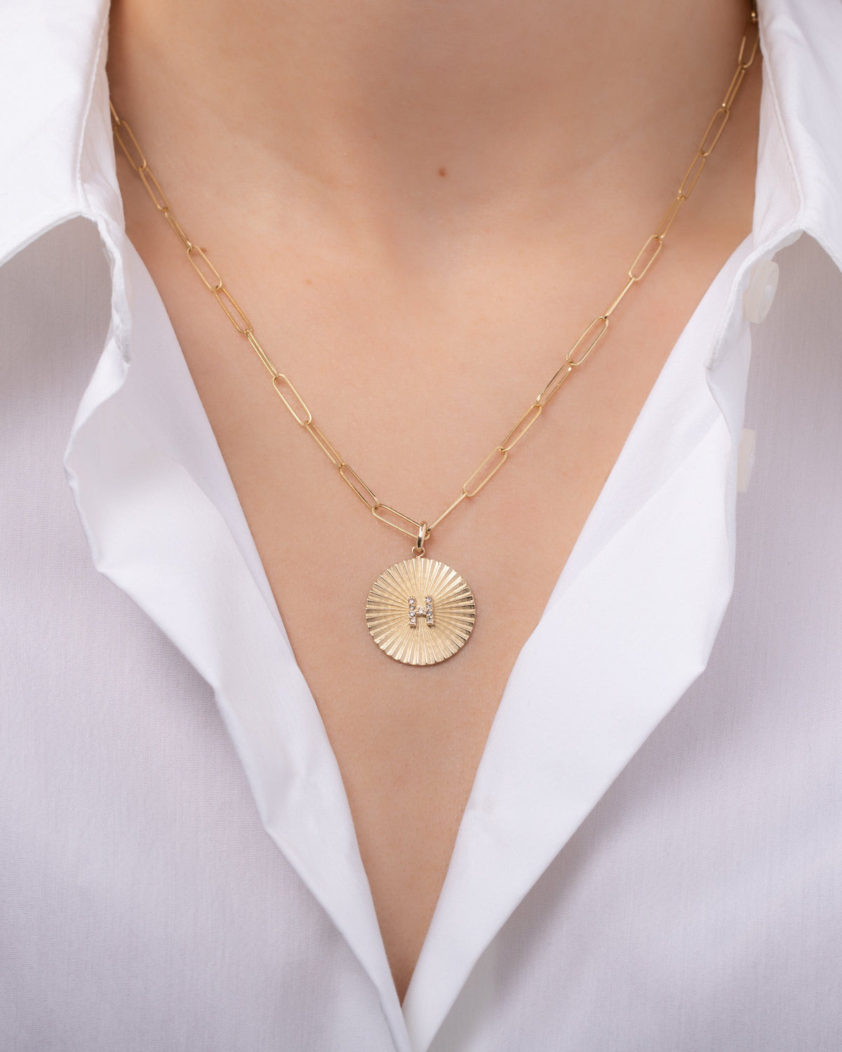 Pleated Disc with Mini Diamond Initial on Paper Clip Chain Necklace