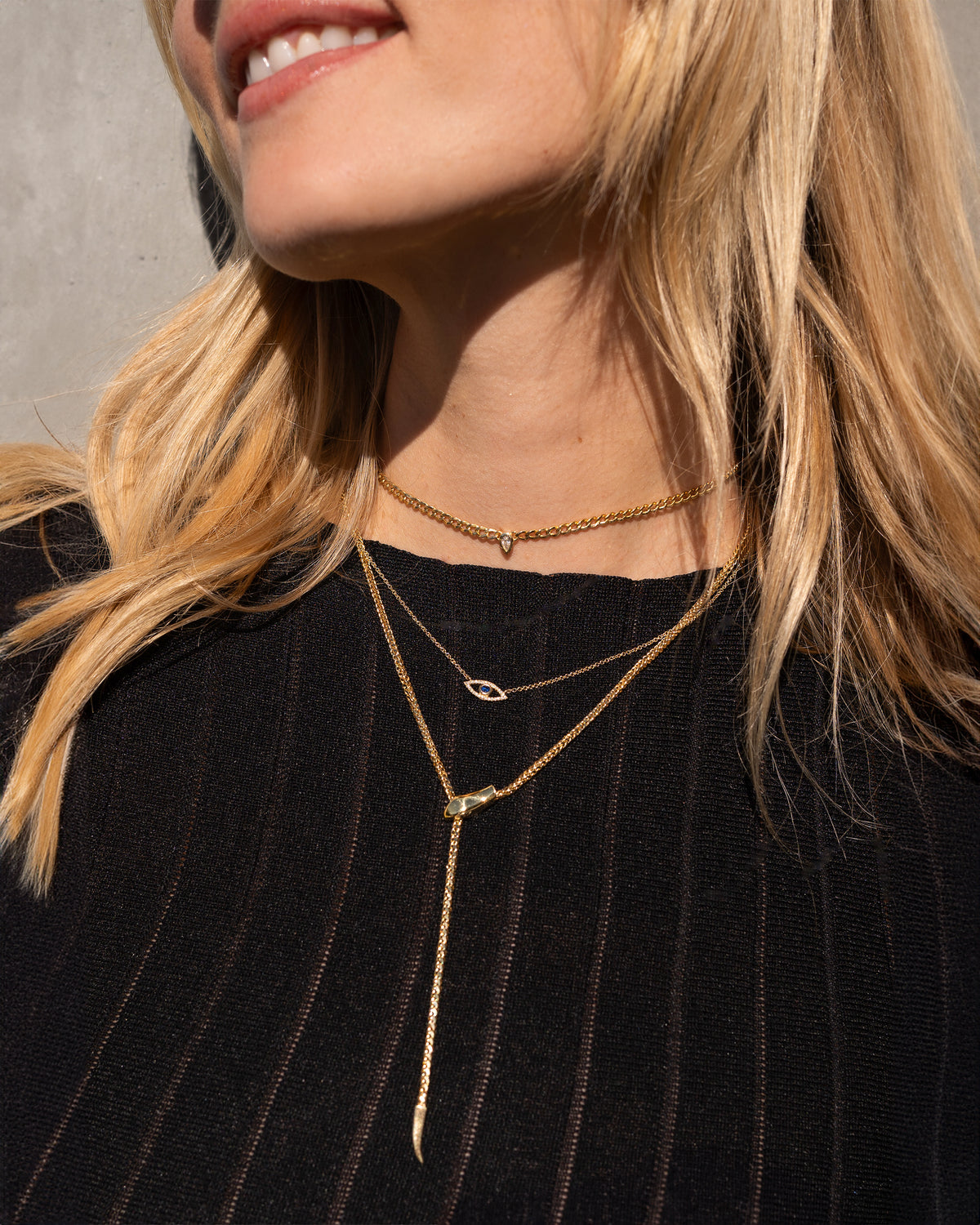 14K Gold Biting Snake Chain Lariat Necklace