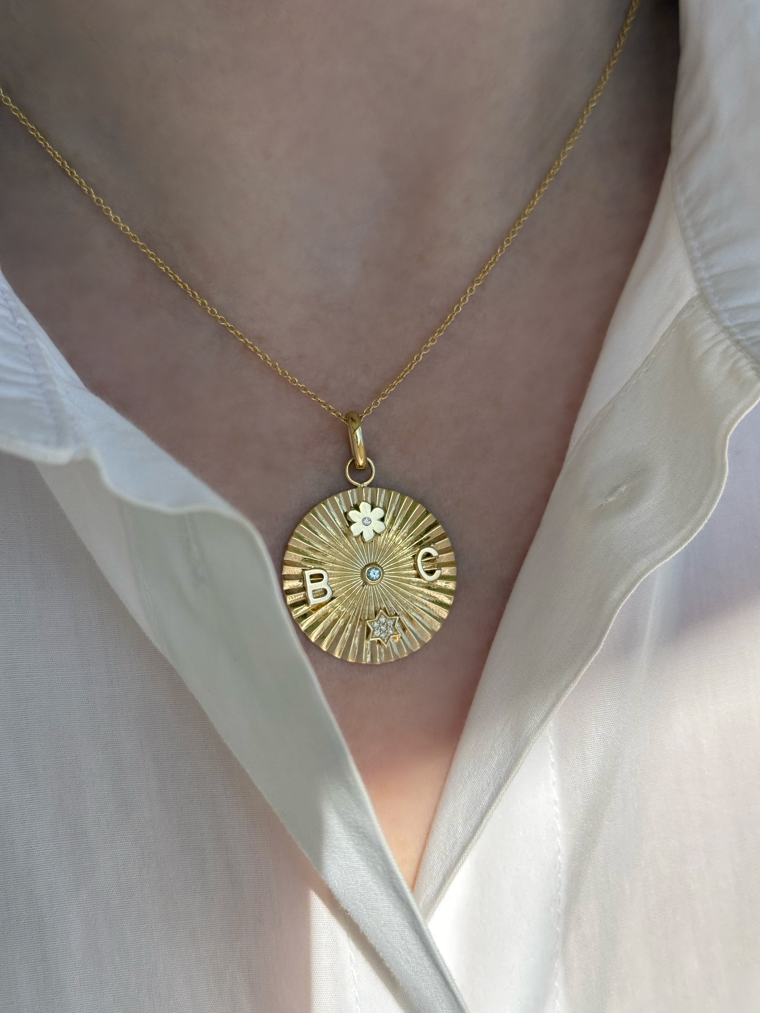 14k Gold Fluted Charm Disc Necklace Personalized Zoe Lev Jewelry