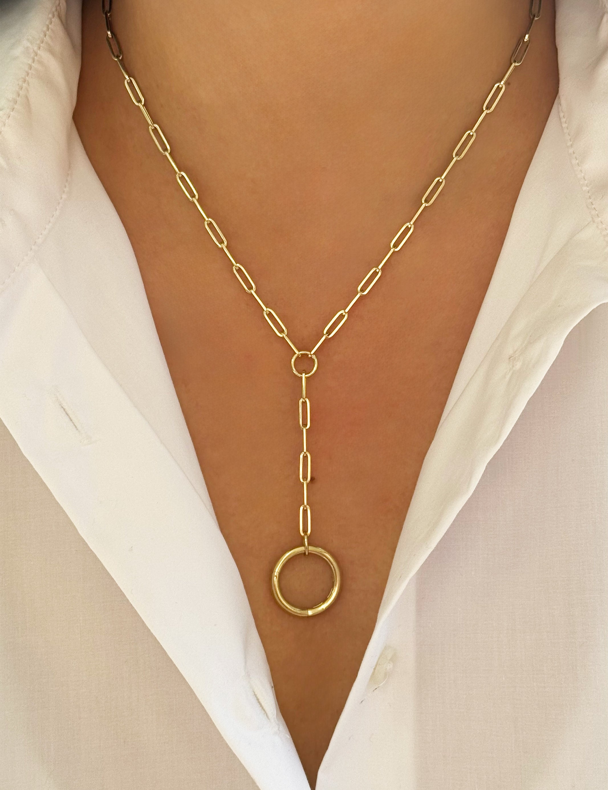 14k Circle Paper Clip Lariat Necklace Chains Zoe Lev Jewelry