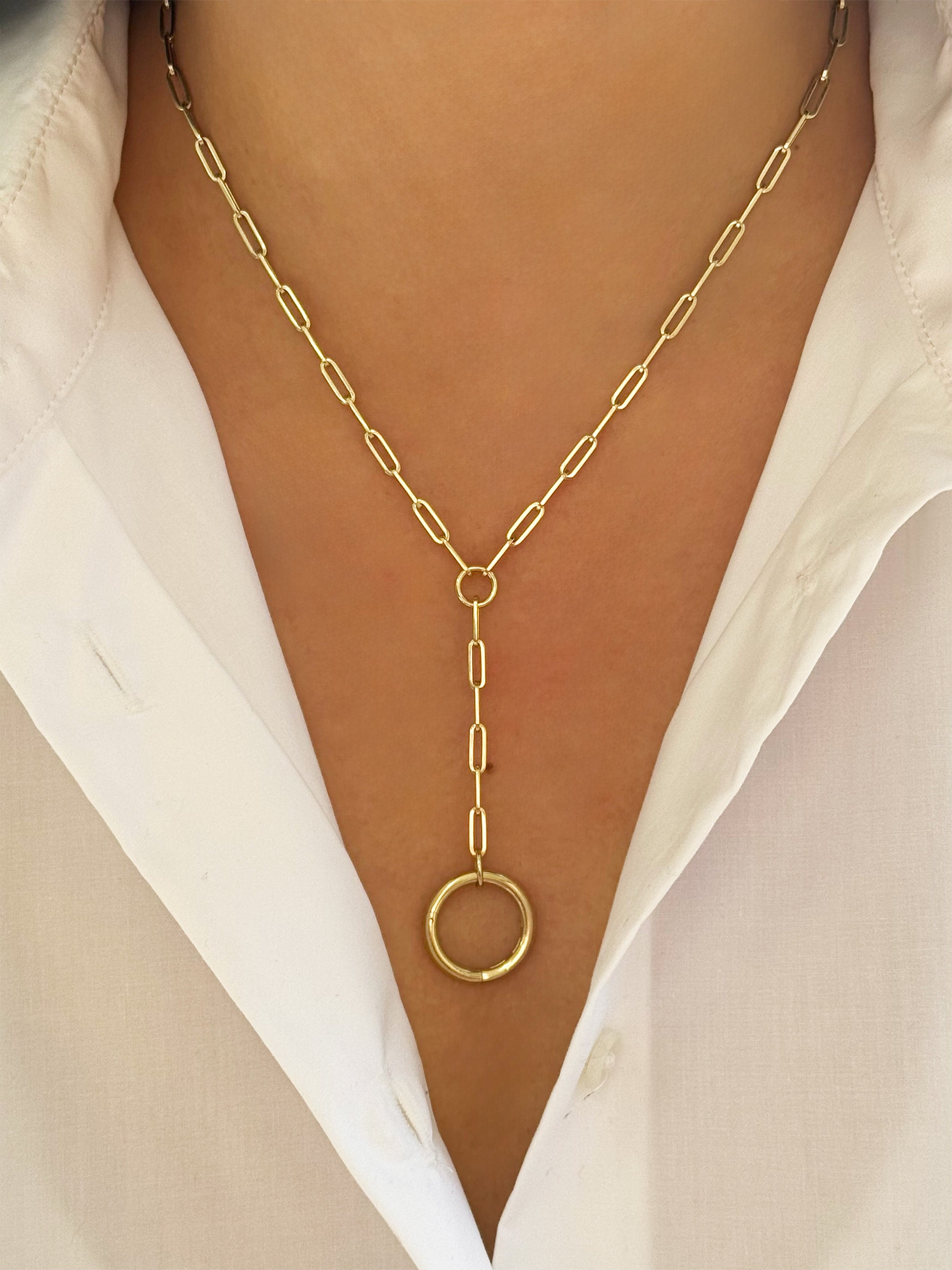 14k Circle Paper Clip Lariat Necklace Chains Zoe Lev Jewelry