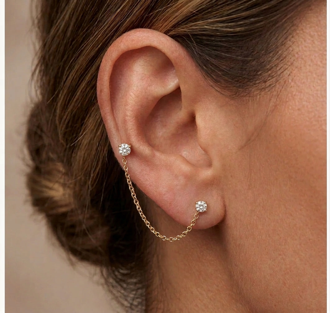 14k 3 Prong Double Diamond Stud Chain Earrings Zoe Lev Jewelry