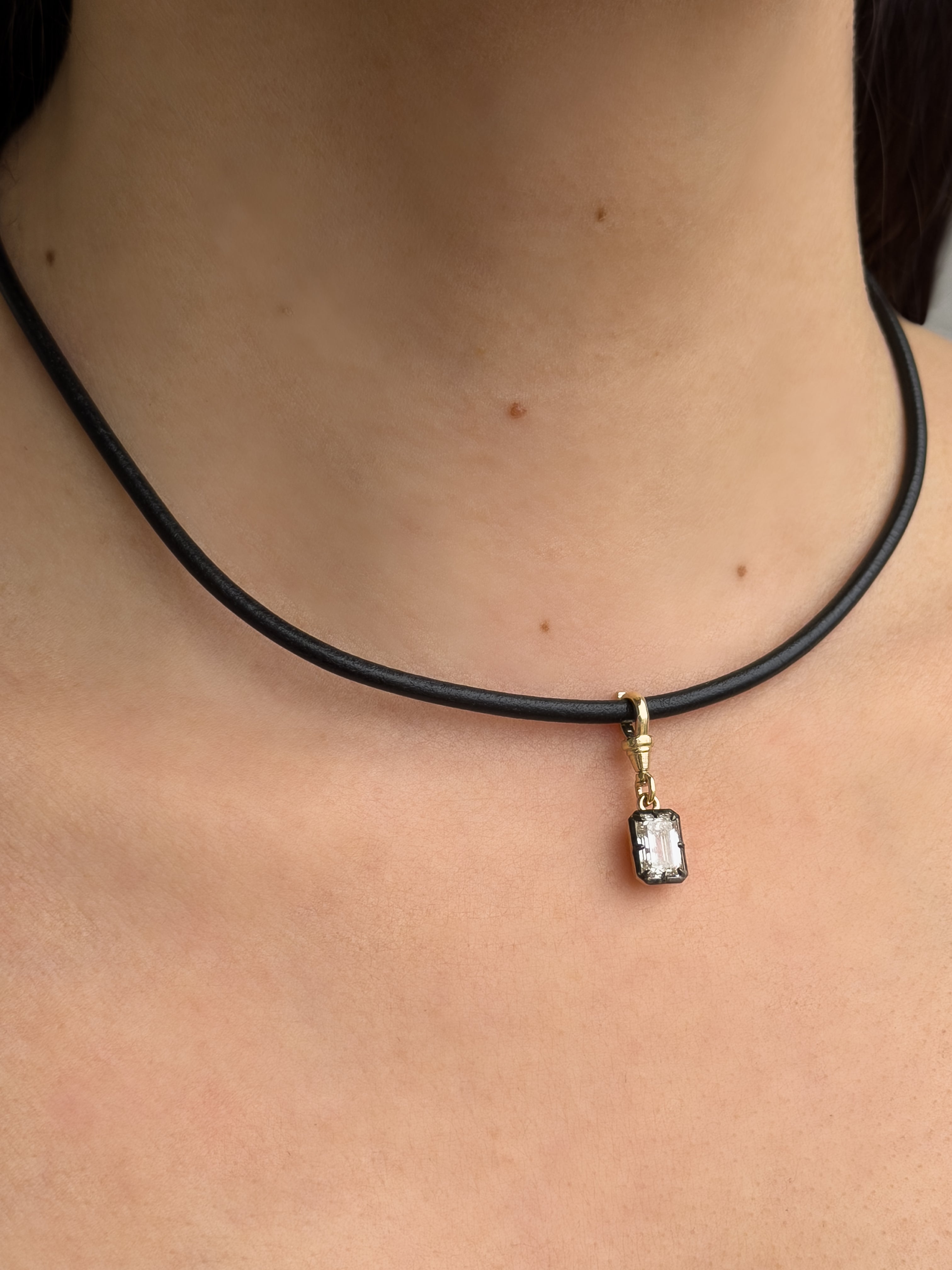14K Leather Necklace With Black Rhodium Lab Diamond
