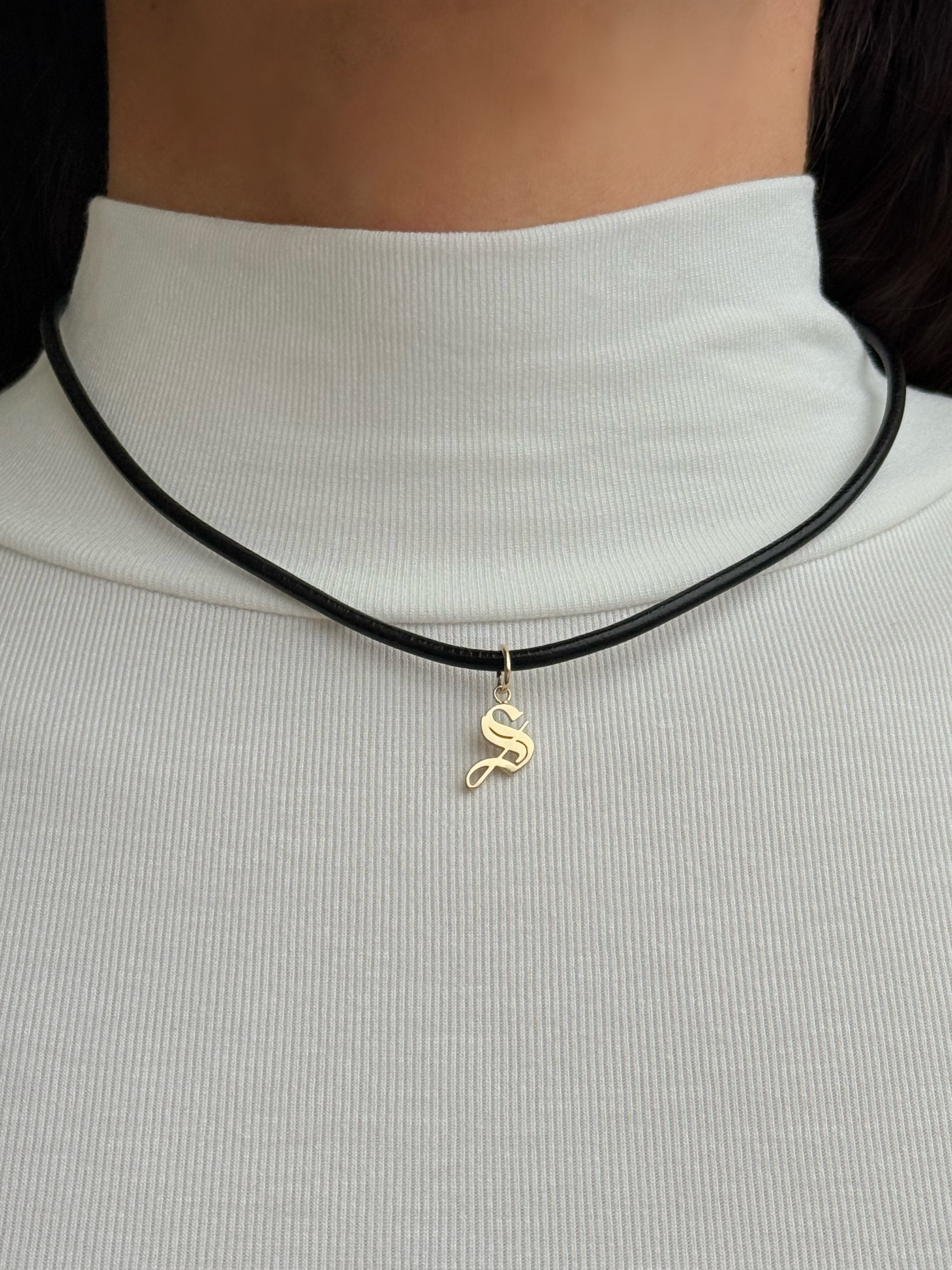14K Leather Necklace With Gothic Initial