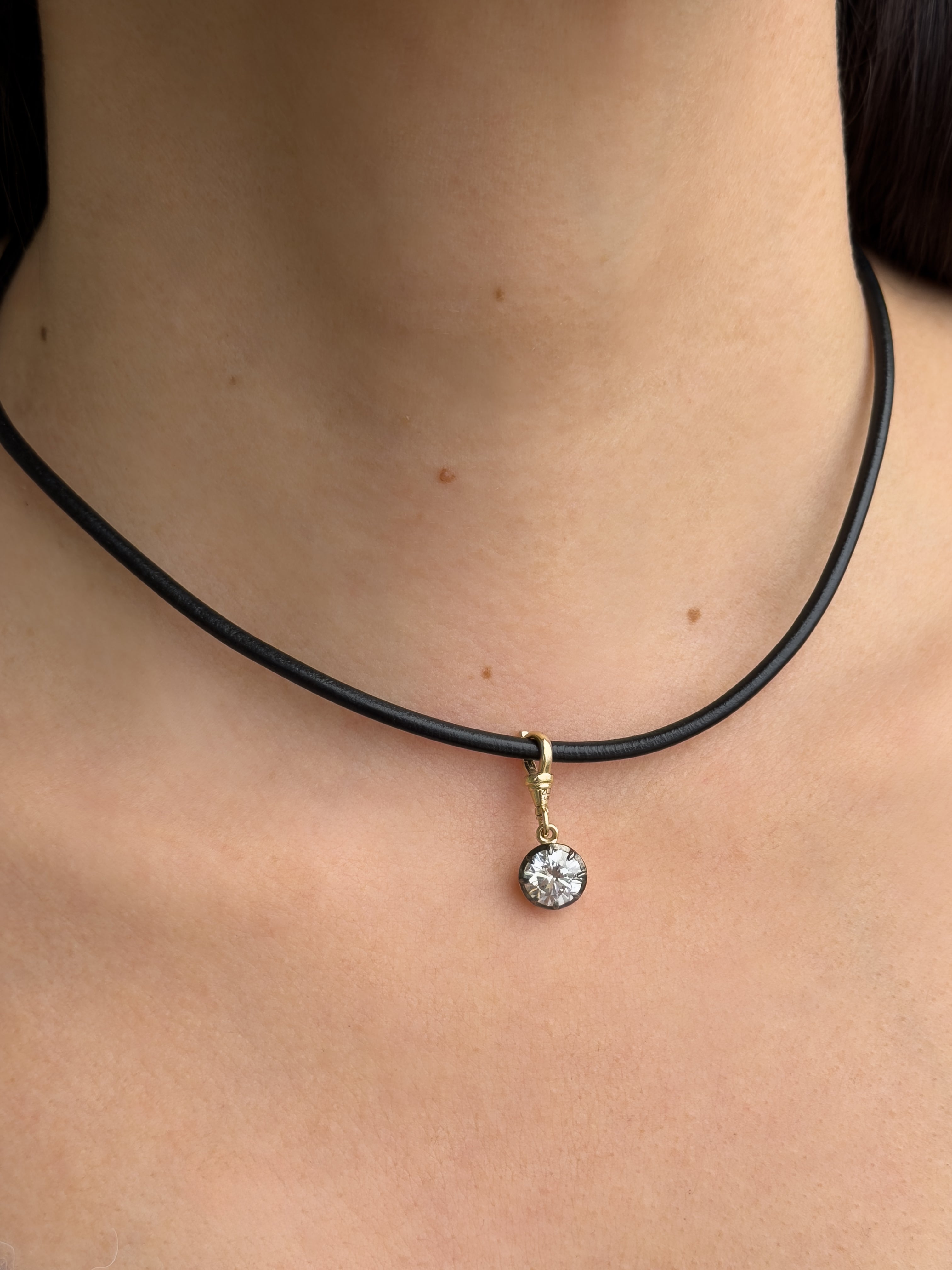 14K Leather Necklace With Black Rhodium Lab Diamond