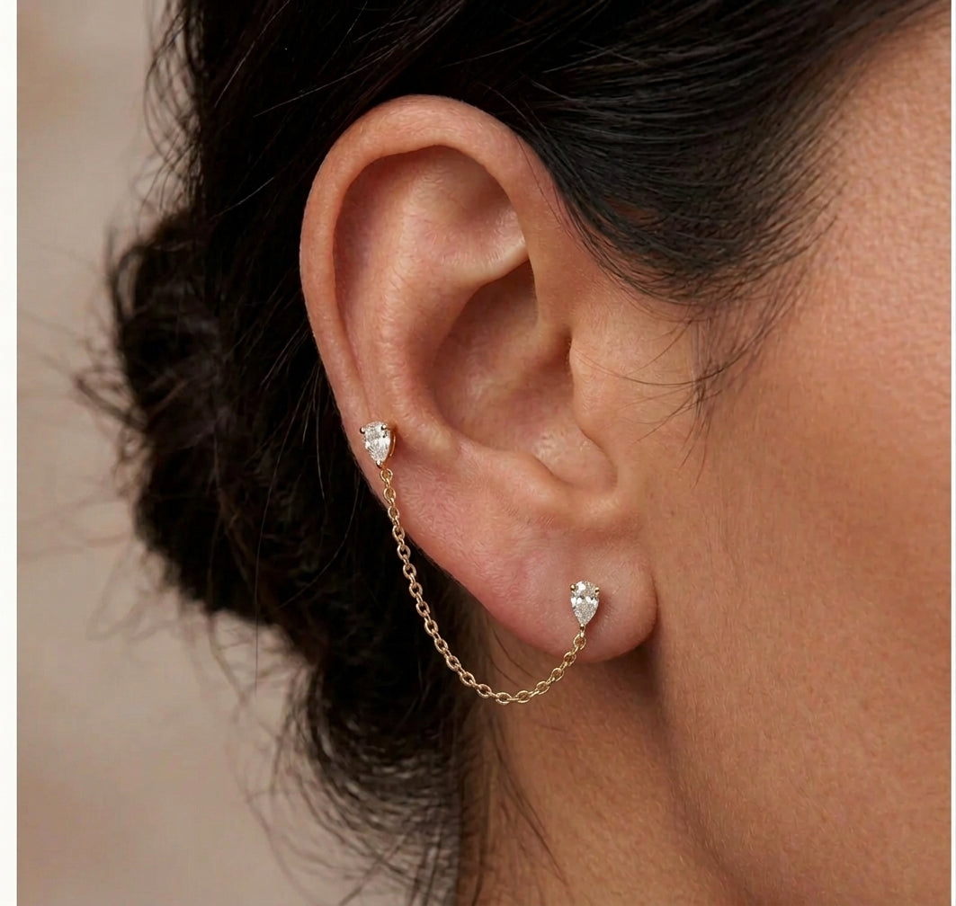 14k 3 Prong Double Pear Diamond Chain Studs Studs Zoe Lev Jewelry
