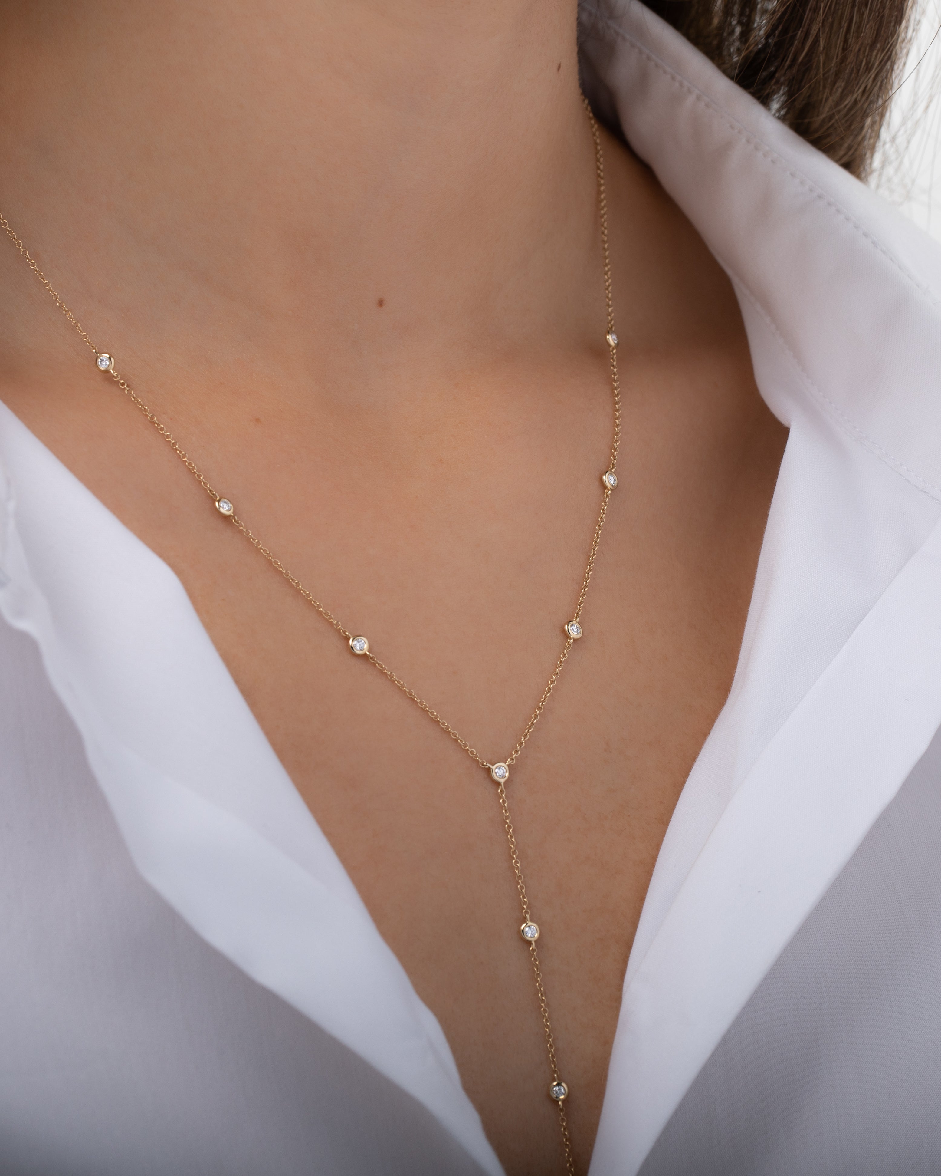 14k Gold Bezel Diamond by the Yard Lariat Necklace Zoe Lev Jewelry