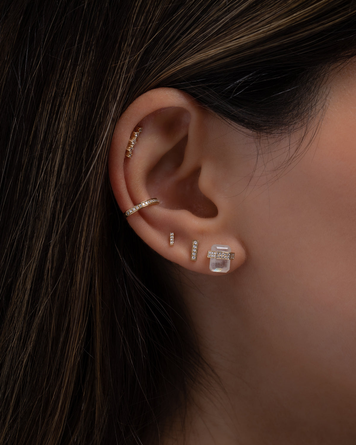 Diamond Moonstone Column Stud Earrings