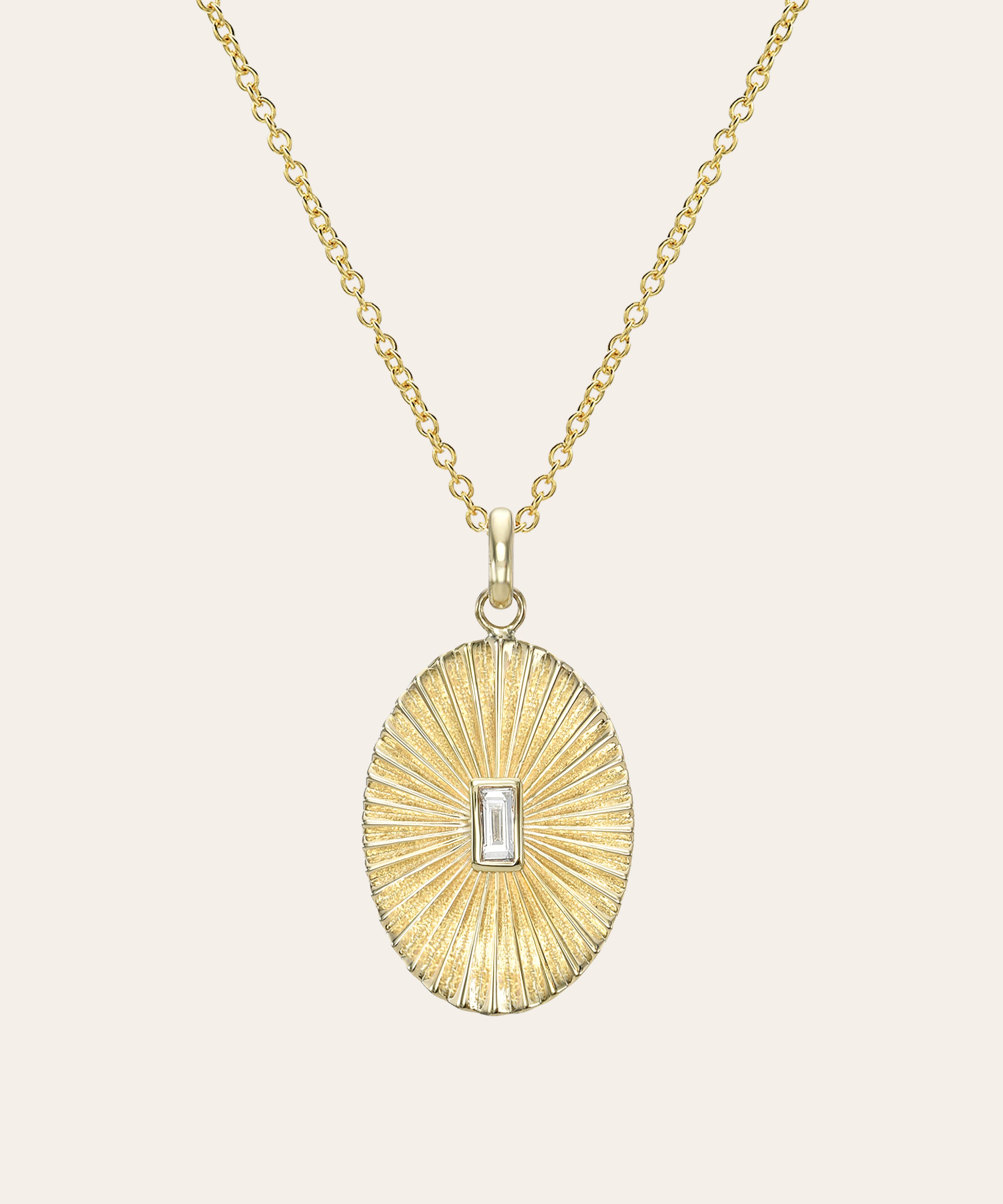 14K Gold Pleated Oval with Baguette Diamond Necklace SAMPLE SALE Zoe Lev Jewelry