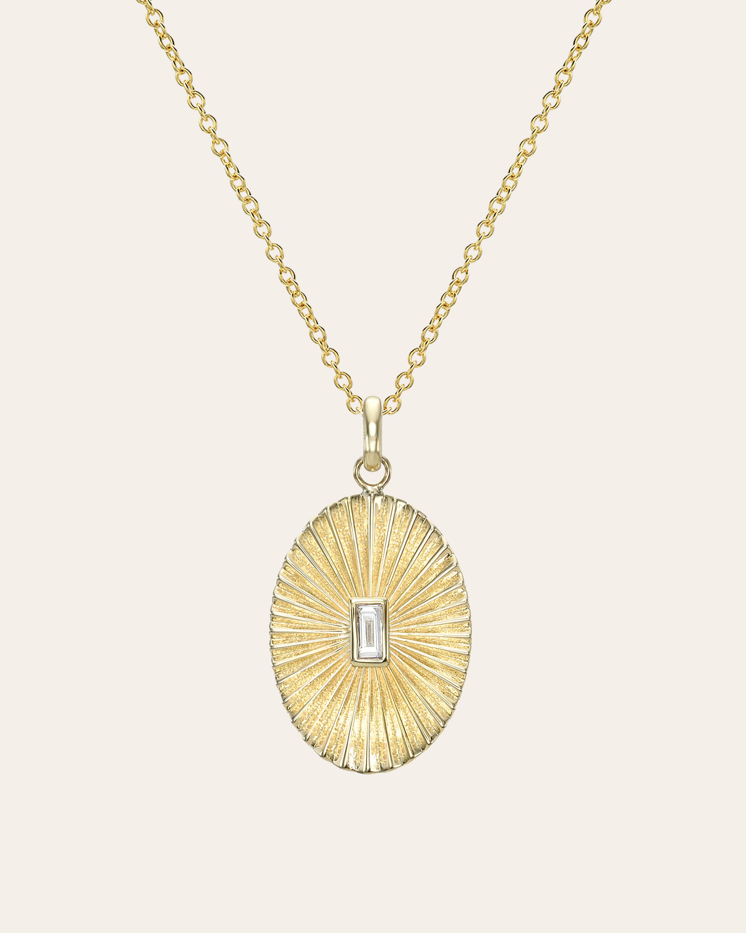 14K Gold Pleated Oval with Baguette Diamond Necklace SAMPLE SALE Zoe Lev Jewelry