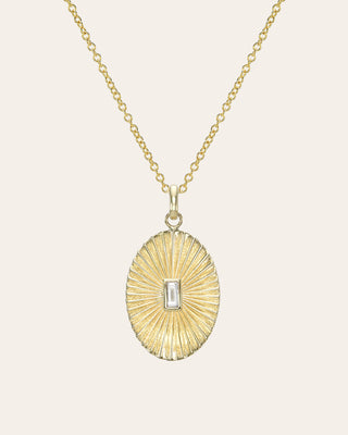 14K Gold Pleated Oval with Baguette Diamond Necklace