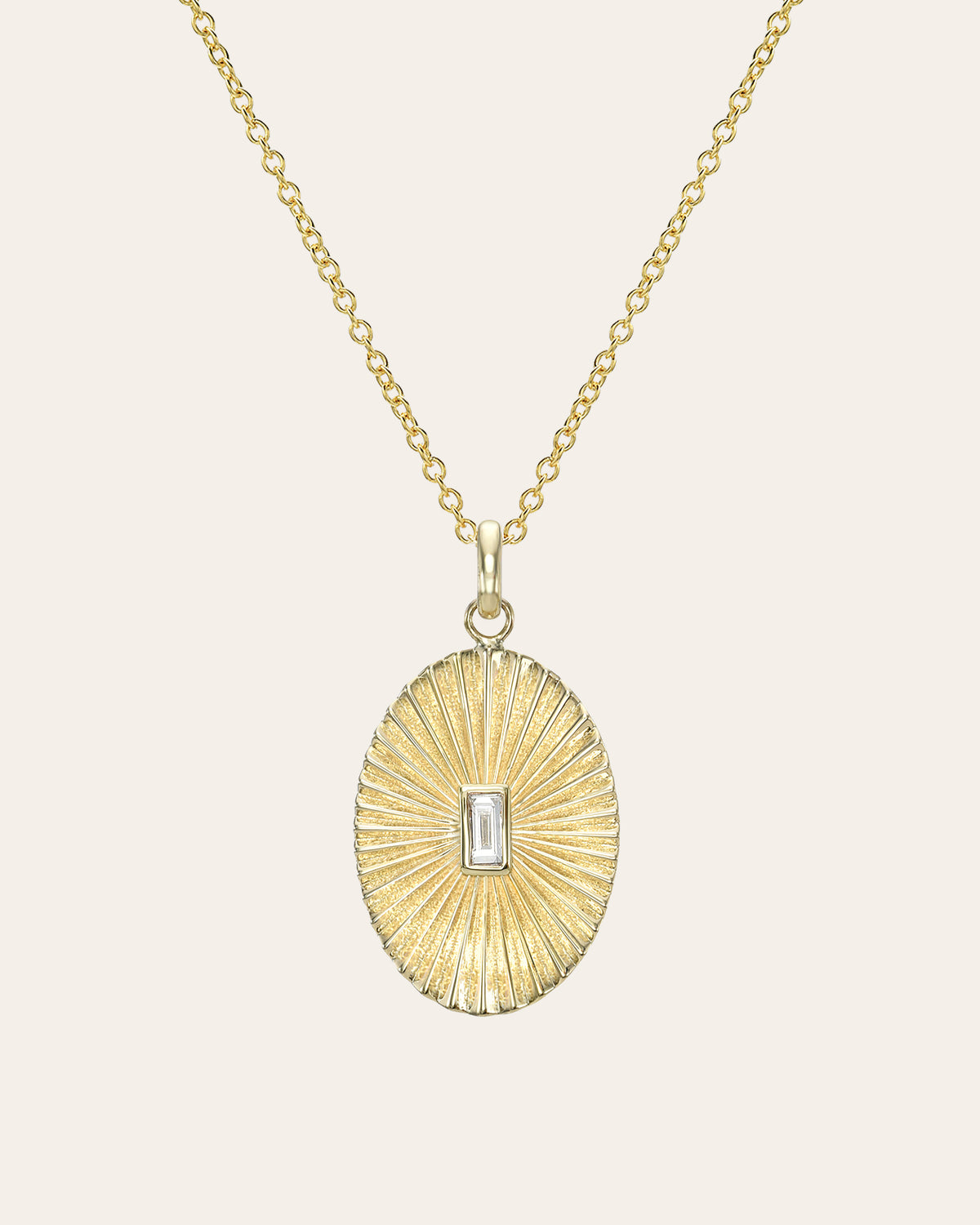 14K Gold Pleated Oval with Baguette Diamond Necklace