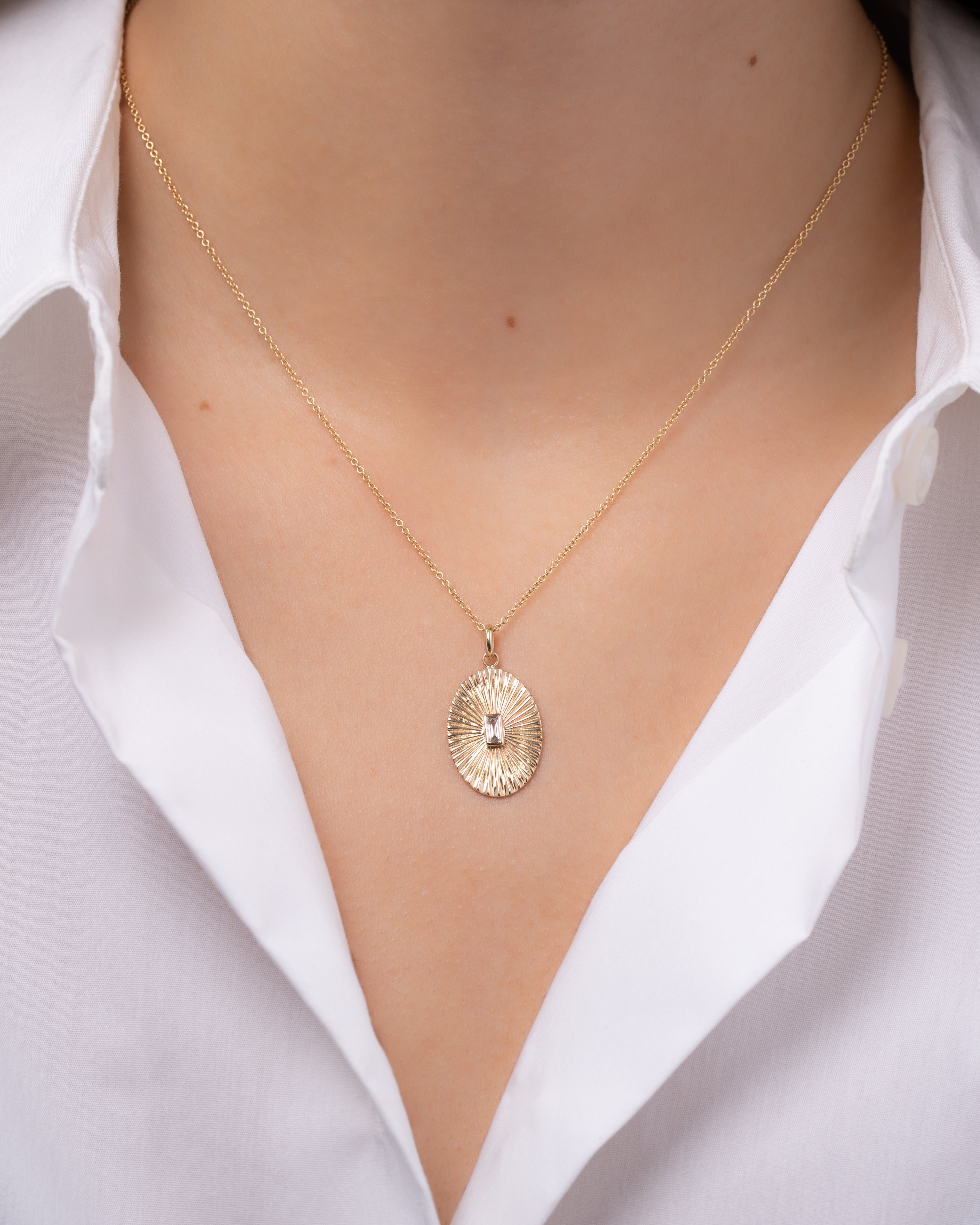 14K Gold Pleated Oval with Baguette Diamond Necklace SAMPLE SALE Zoe Lev Jewelry