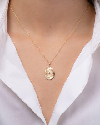 14K Gold Pleated Oval with Round Diamond Pendant