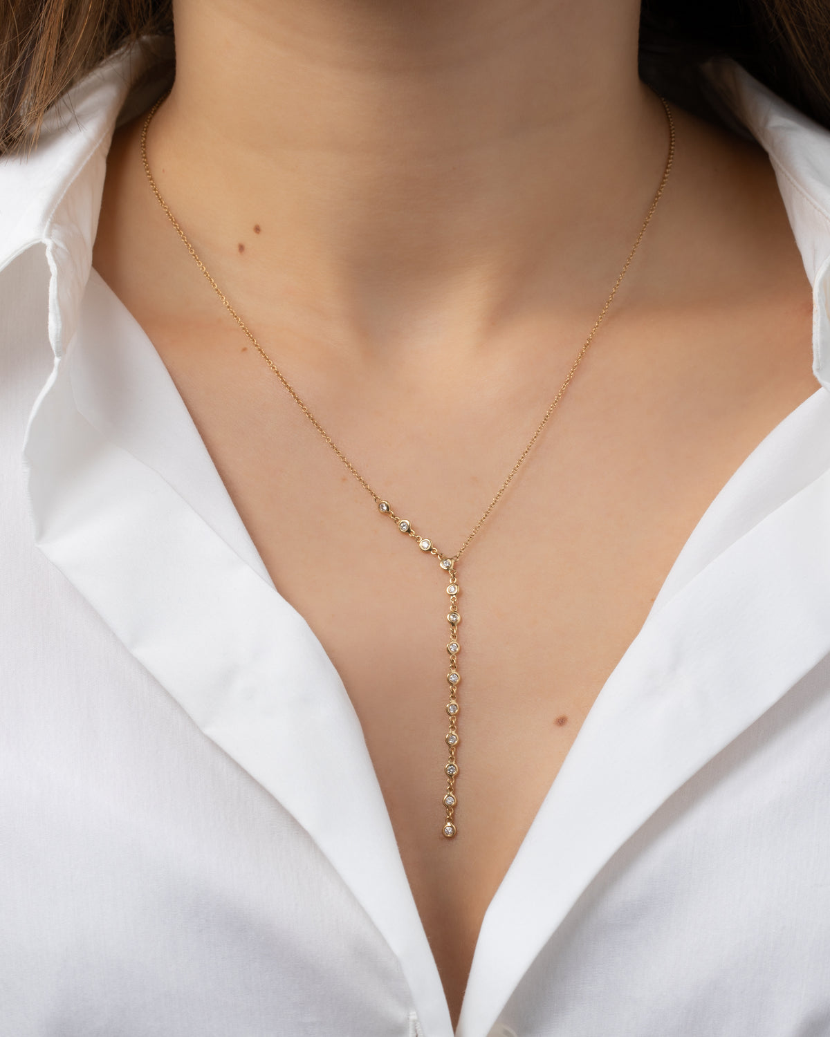 14k Gold Bezel Diamond Segment Lariat Necklace