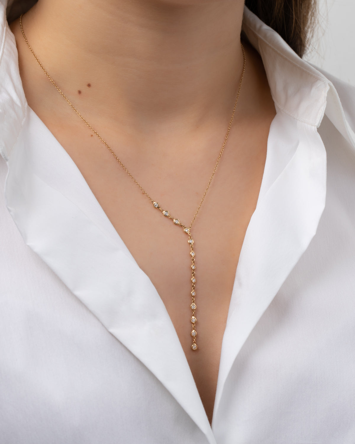 14k Gold Bezel Diamond Segment Lariat Necklace