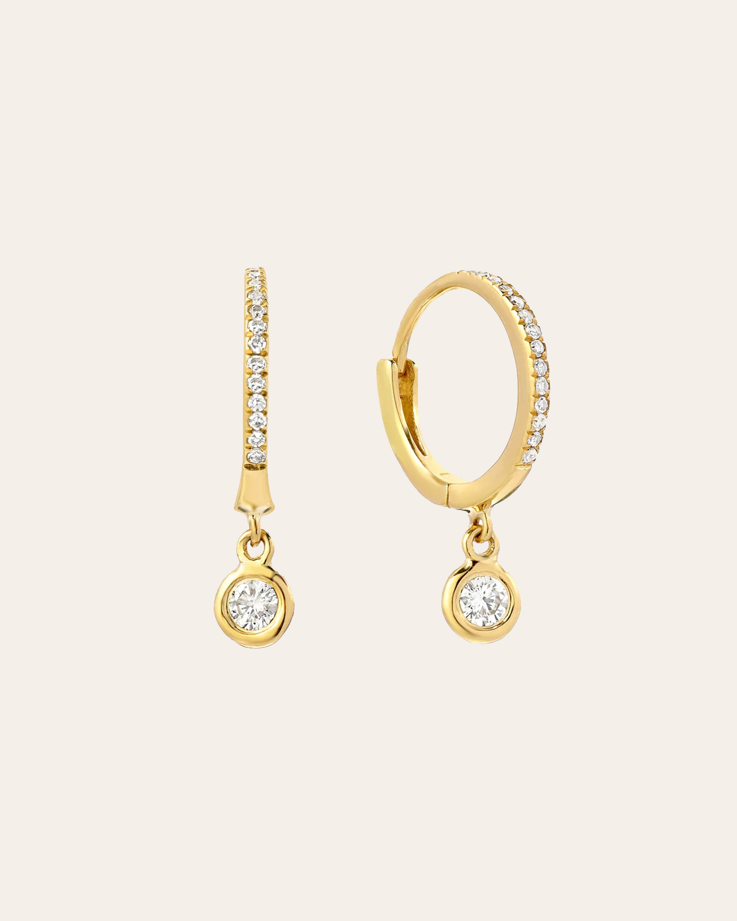 14k Gold Diamond Huggies with Drop Bezel Diamond Hoops & Huggies Zoe Lev Jewelry
