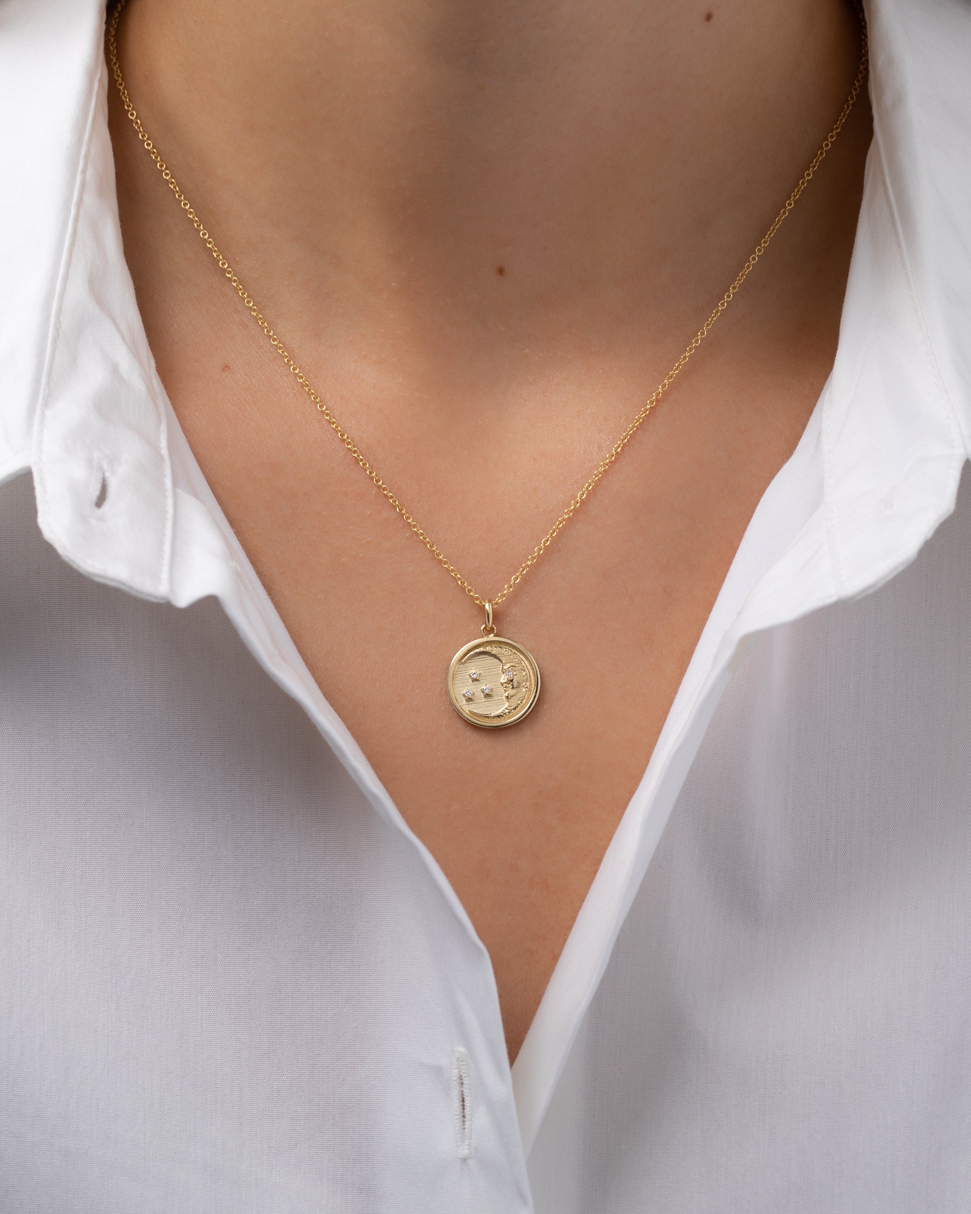 14k Gold and Diamond Moon Medallion Pendant Zoe Lev Jewelry