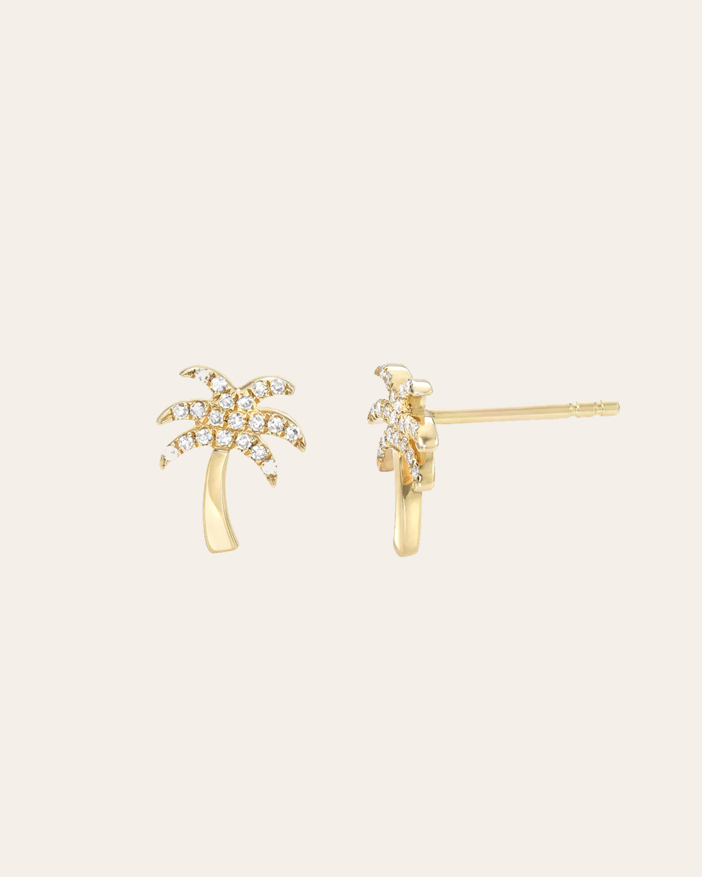 14k Yellow Gold Diamond Palm Tree Stud Earrings SAMPLE SALE Zoe Lev Jewelry