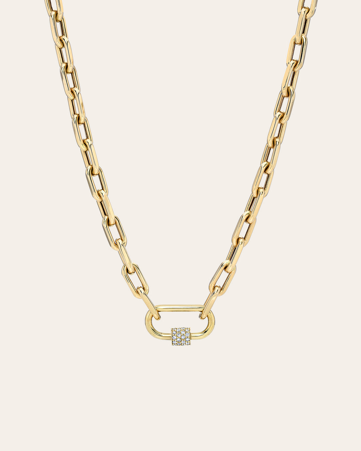 14k Gold Large Open Link Chain with Diamond Carabiner Necklace