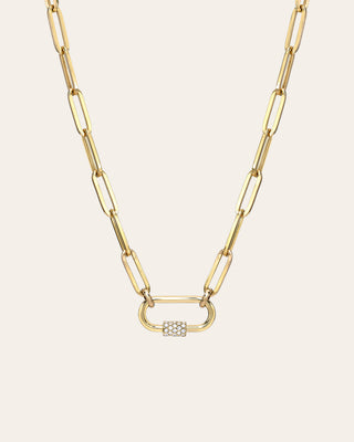 14k Gold Large Paper Clip Chain with Diamond Carabiner Necklace