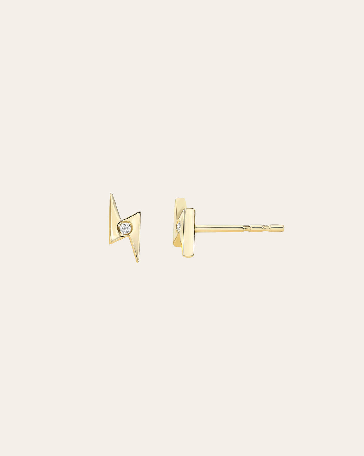 14k Gold Lightning Bolt Stud Earrings with Tiny Diamond