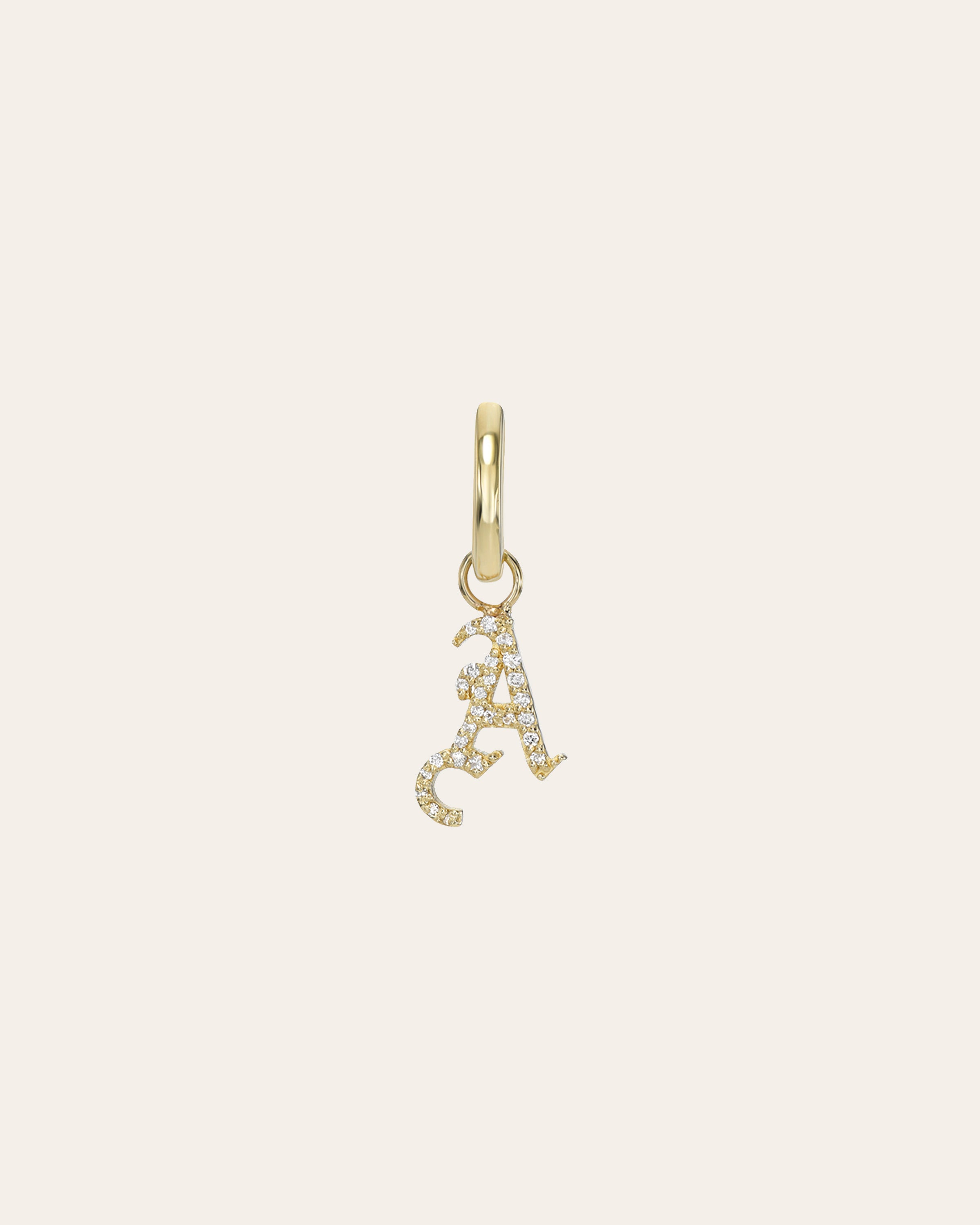14k Gold Mini Huggie Earring with Diamond Gothic Initial Charm Personalized Zoe Lev Jewelry