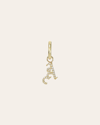 14k Gold Mini Huggie Earring with Diamond Gothic Initial Charm