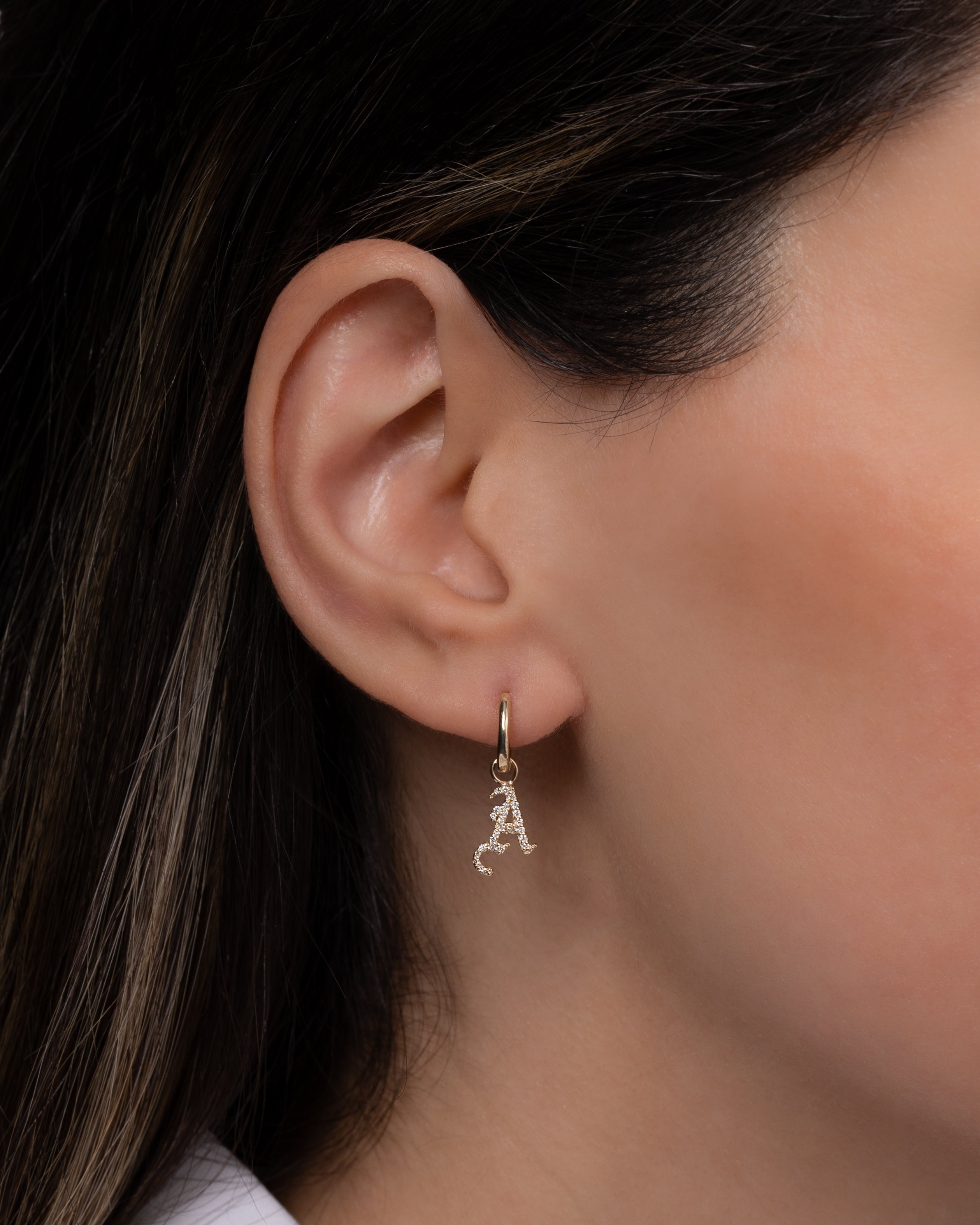 14k Gold Mini Huggie Earring with Diamond Gothic Initial Charm Personalized Zoe Lev Jewelry