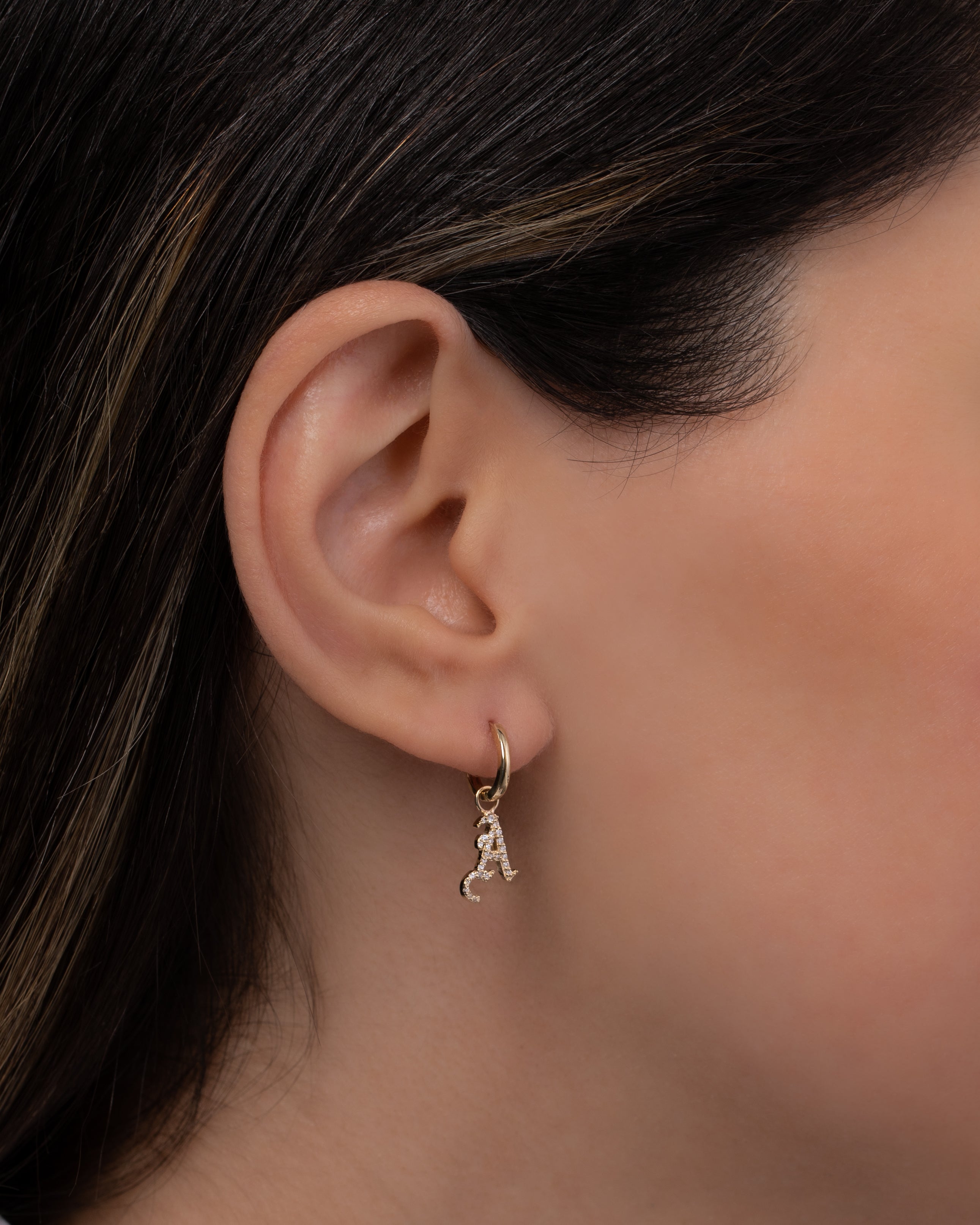 14k Gold Mini Huggie Earring with Diamond Gothic Initial Charm Personalized Zoe Lev Jewelry