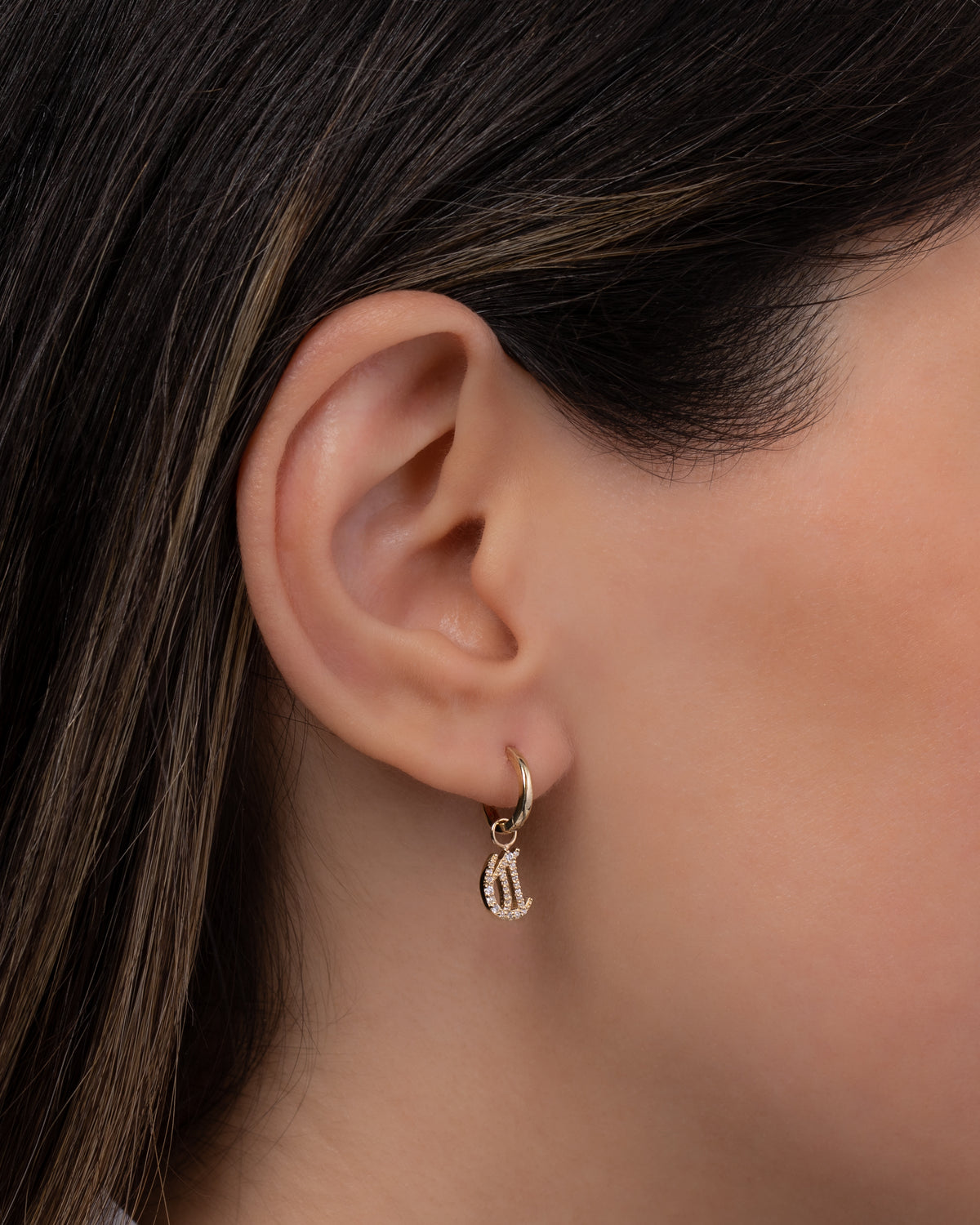 14k Gold Mini Huggie Earring with Diamond Gothic Initial Charm