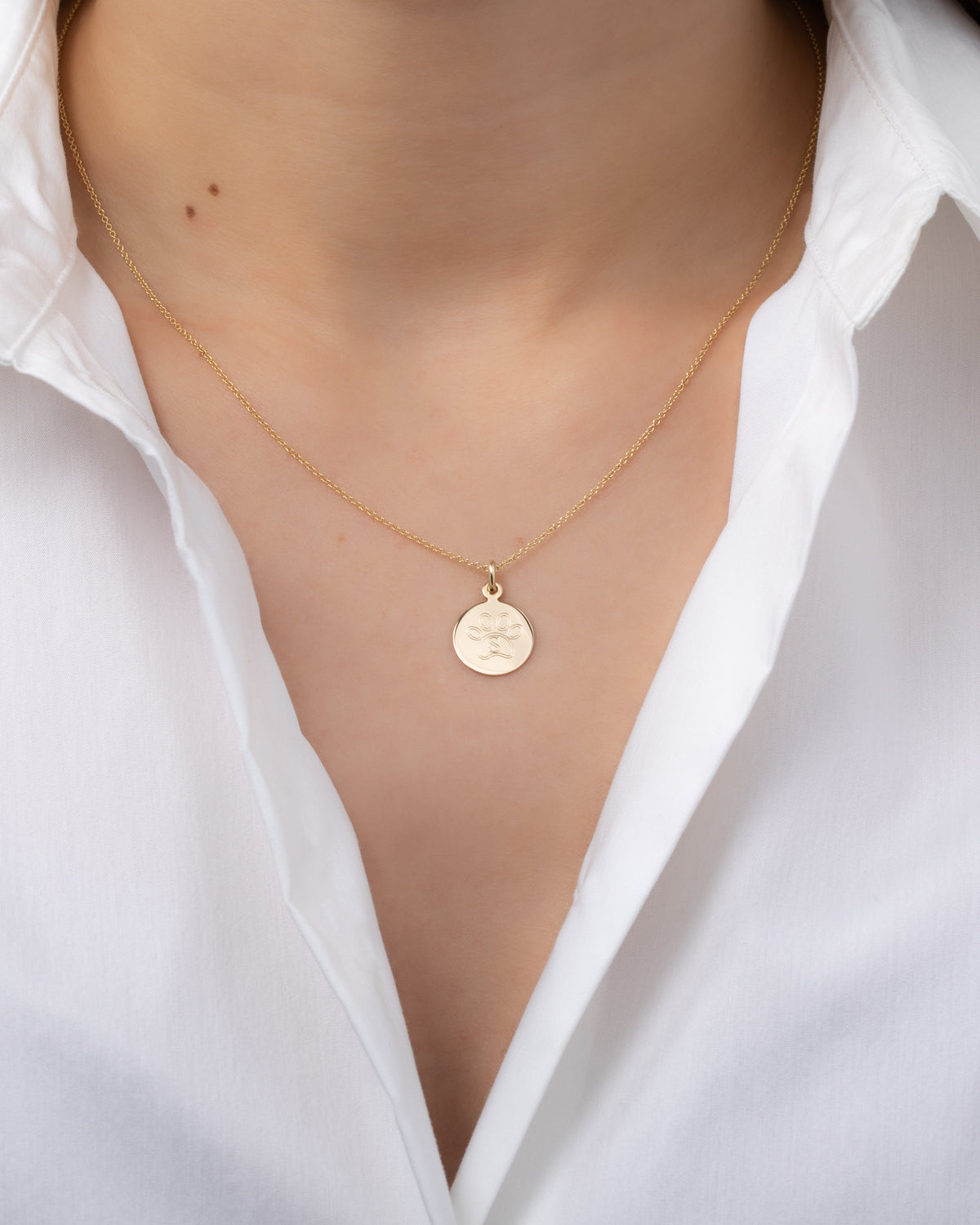 14k Gold Paw Engraved Initial Disc Necklace