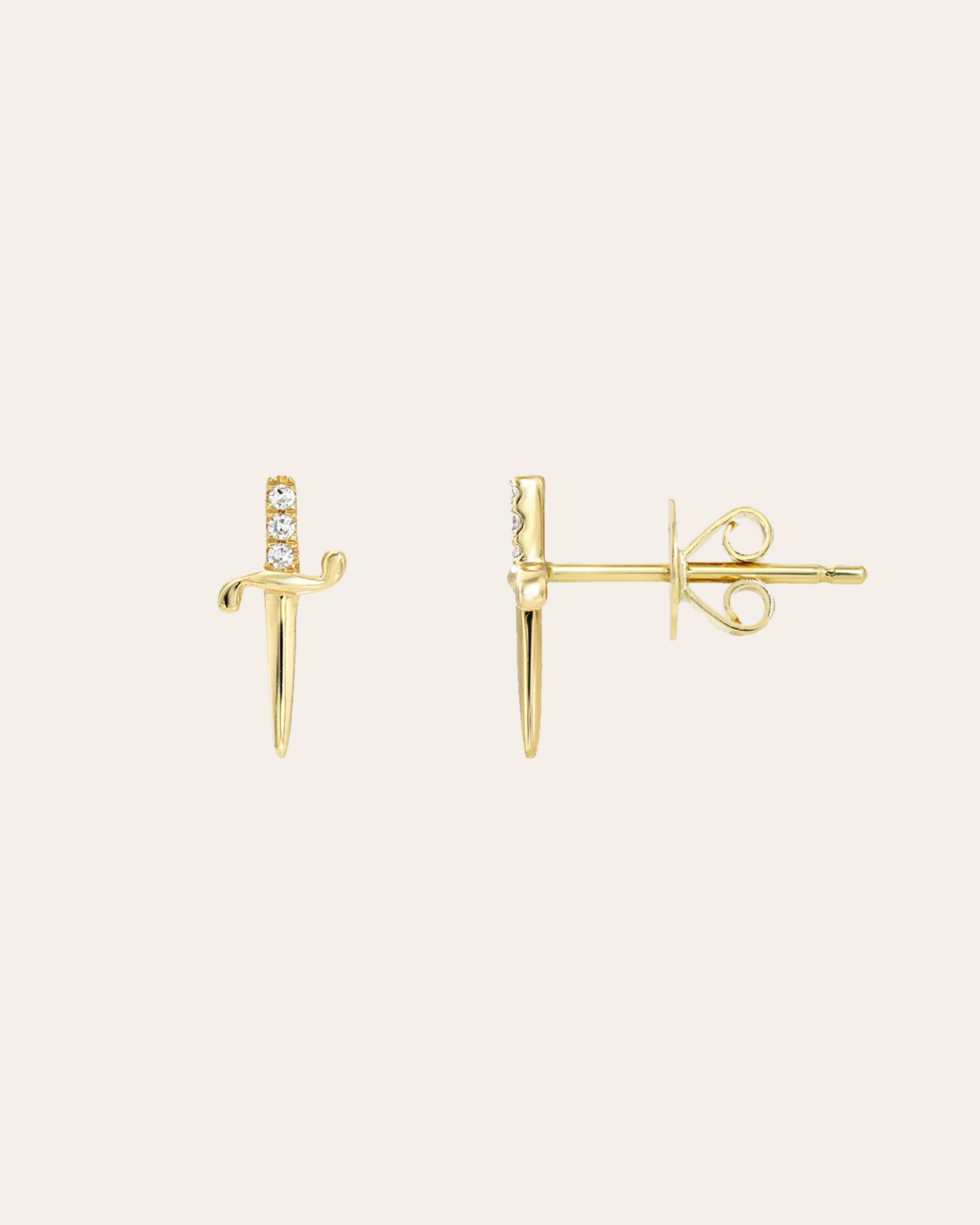 14k Gold Small Diamond Sword Stud Earrings SAMPLE SALE Zoe Lev Jewelry