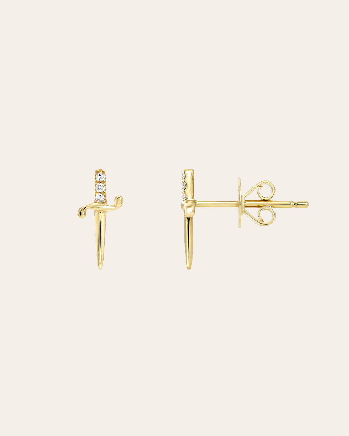 14k Gold Small Diamond Sword Stud Earrings