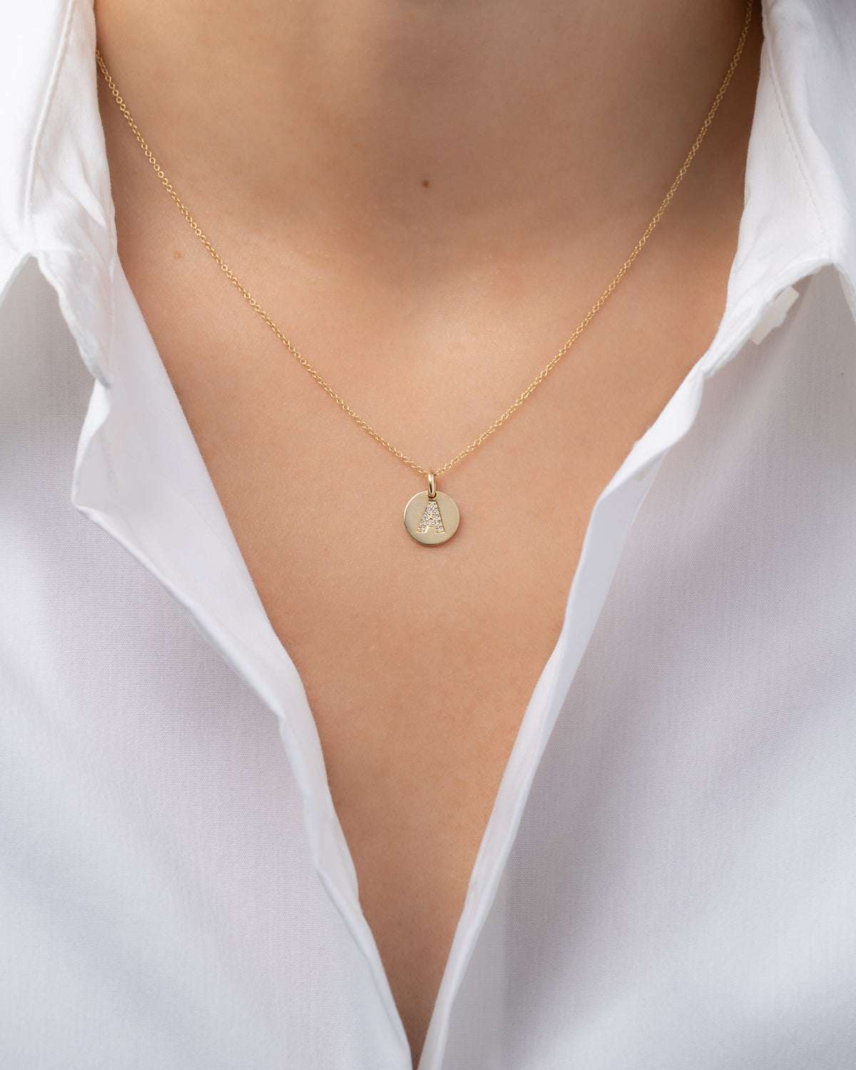 14k Gold Small Diamond Initial Disc Pendant Necklace