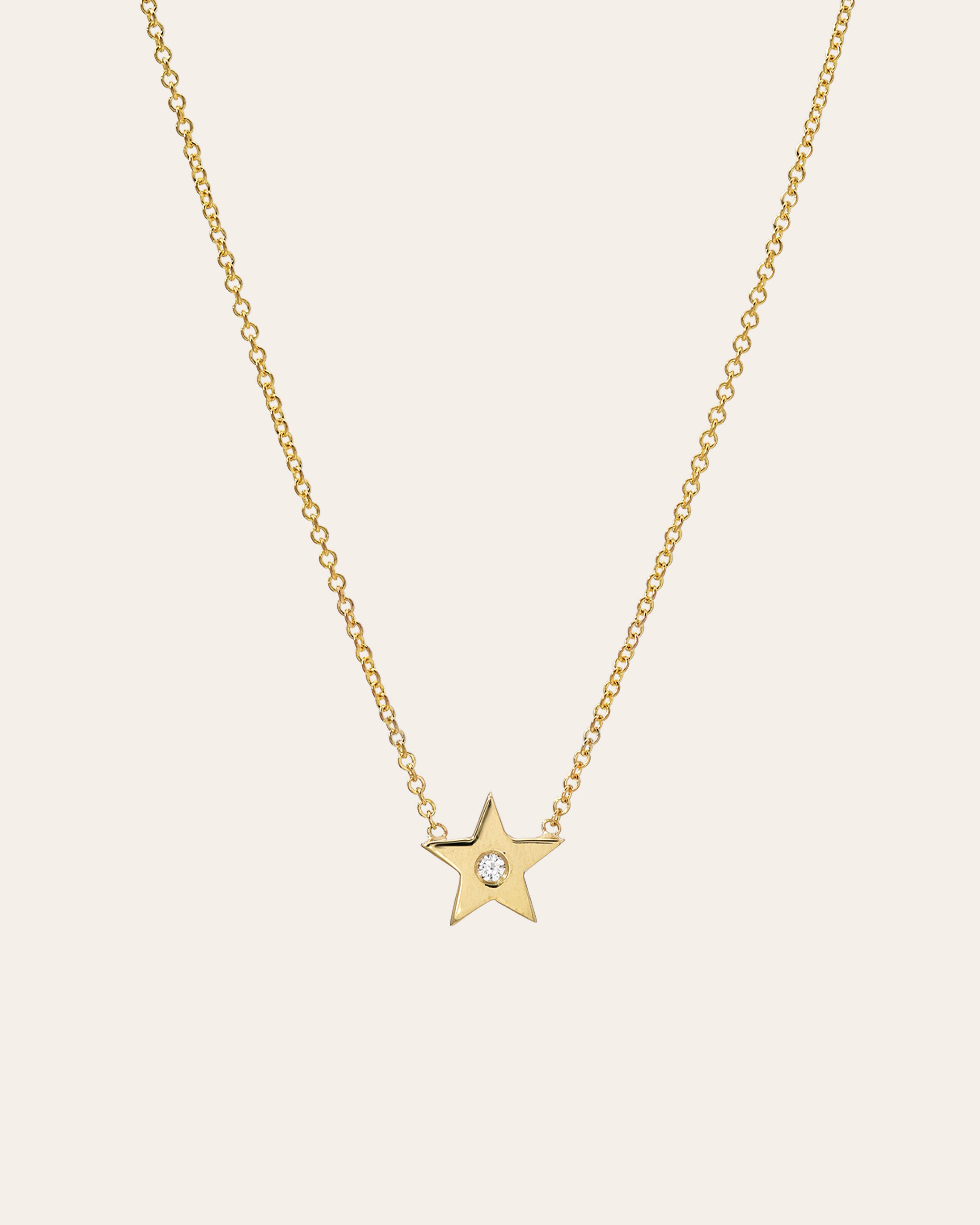 14K Gold Star with Tiny Diamond Pendant 14K White Gold