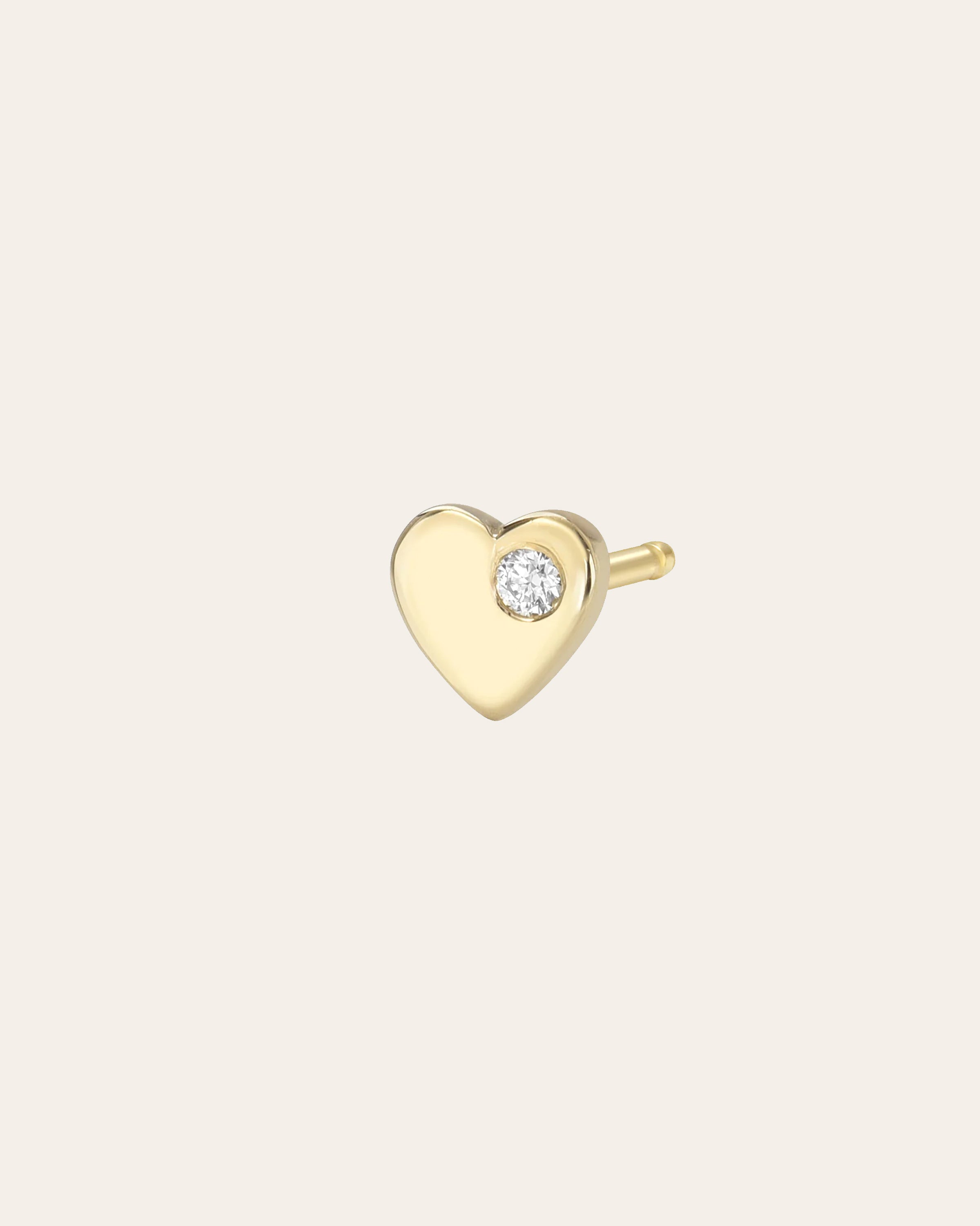 14k Gold Tiny Heart with Diamond Stud Earring Zoe Lev Jewelry