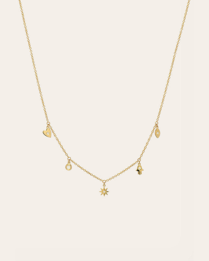14k Gold and Diamond Charms Necklace - Zoe Lev Jewelry
