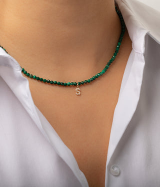 Malachite Beaded Mini Diamond Spaced Initial Necklace